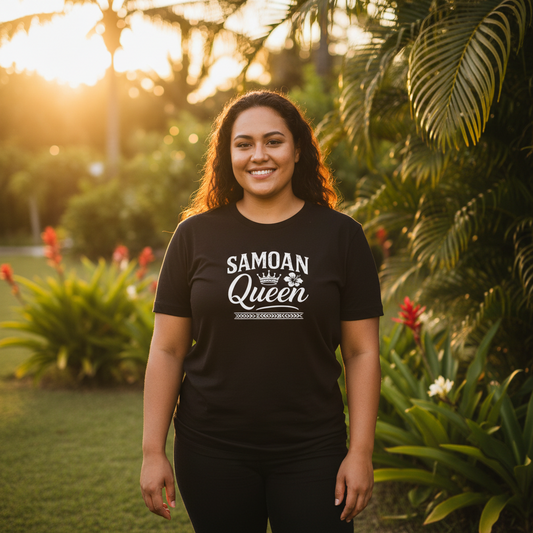 Black unisex soft tee featuring "Samoan Queen" graphic, designed by Monster Digital for women.