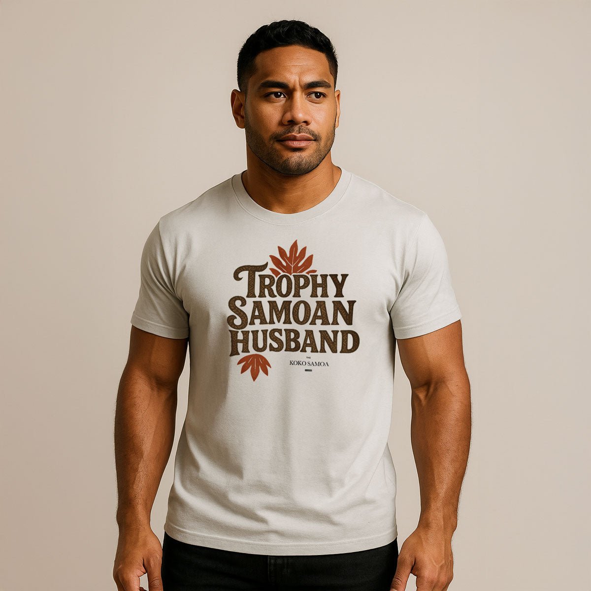 Unisex soft men's tee by The Print Bar featuring Trophy Samoan Husband design in charcoal color.
