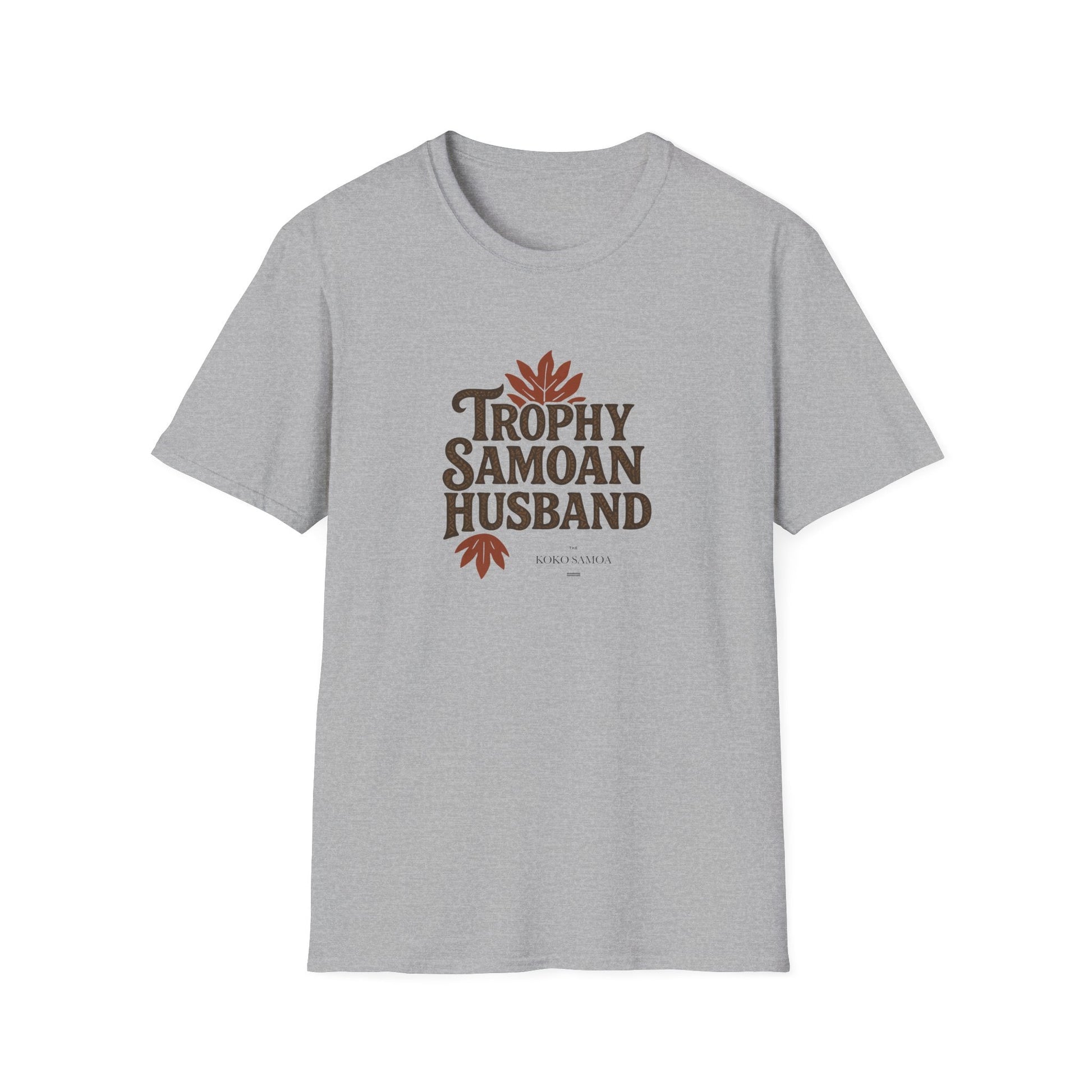 Unisex soft men's tee by Monster Digital featuring Trophy Samoan Husband design in charcoal color, casual and comfortable fit.