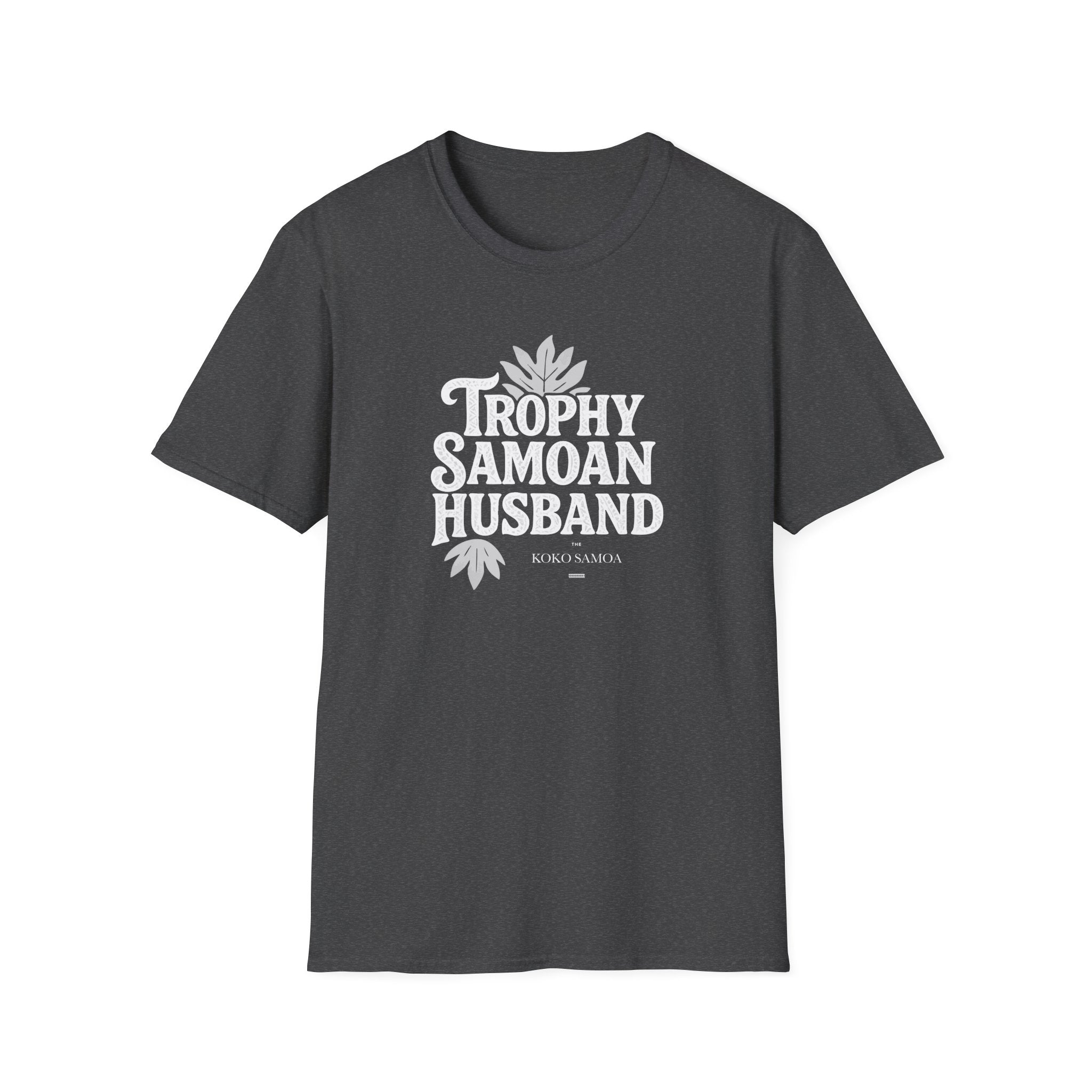 Unisex soft men's tee by Monster Digital featuring Trophy Samoan Husband design in charcoal color.