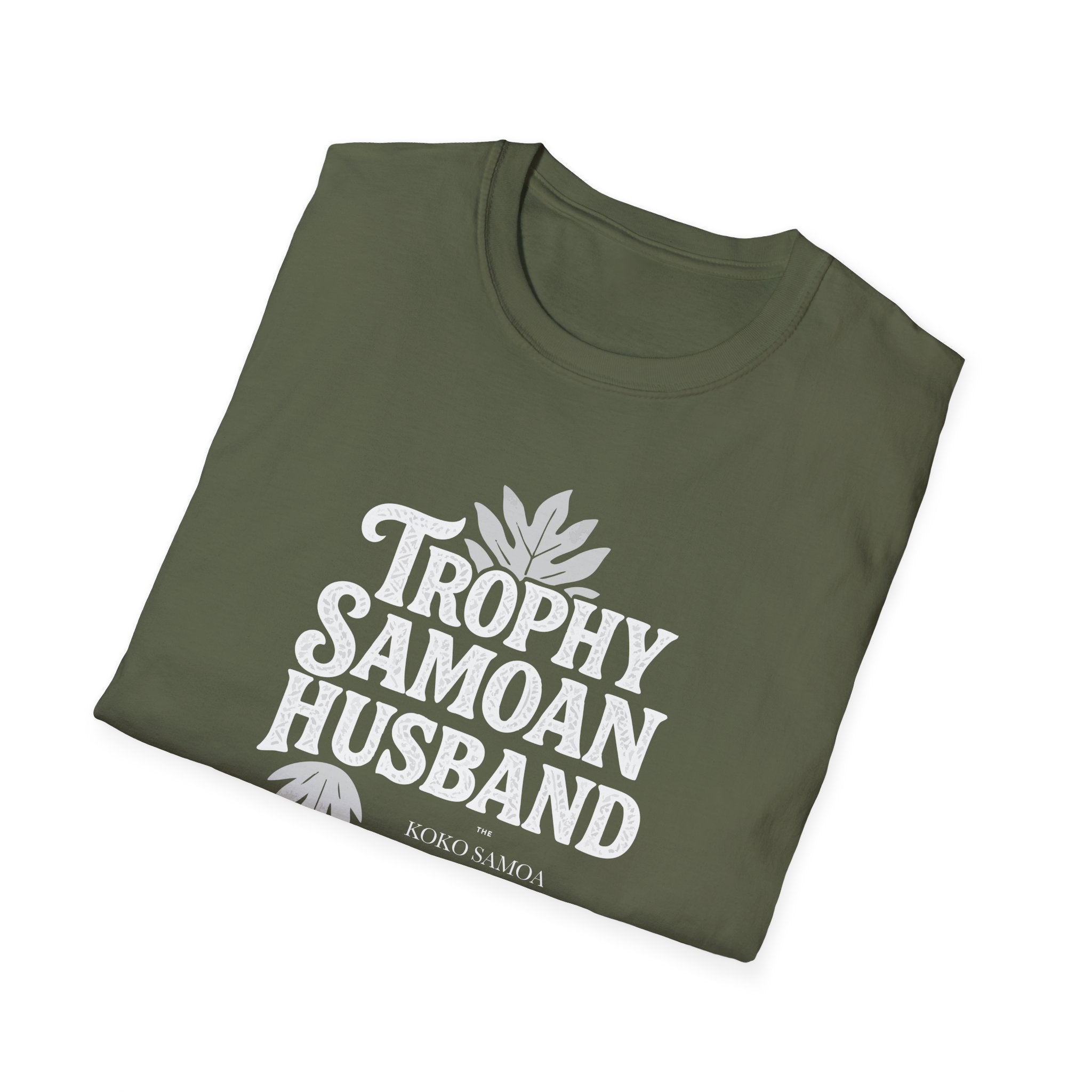 Unisex soft men's tee by Monster Digital featuring Trophy Samoan Husband design in charcoal color.