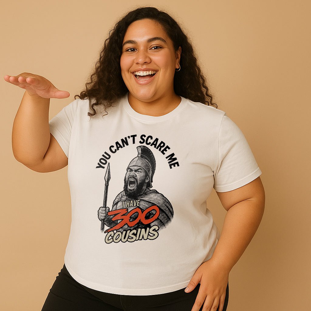 Unisex soft tee by The Print Bar featuring a digital monster design with "300 Cousins" text, casual and comfortable fit.