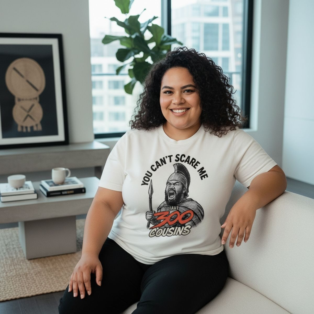 Unisex Soft Tee by The Print Bar featuring a digital monster design and the "300 Cousins" logo in vibrant colors.