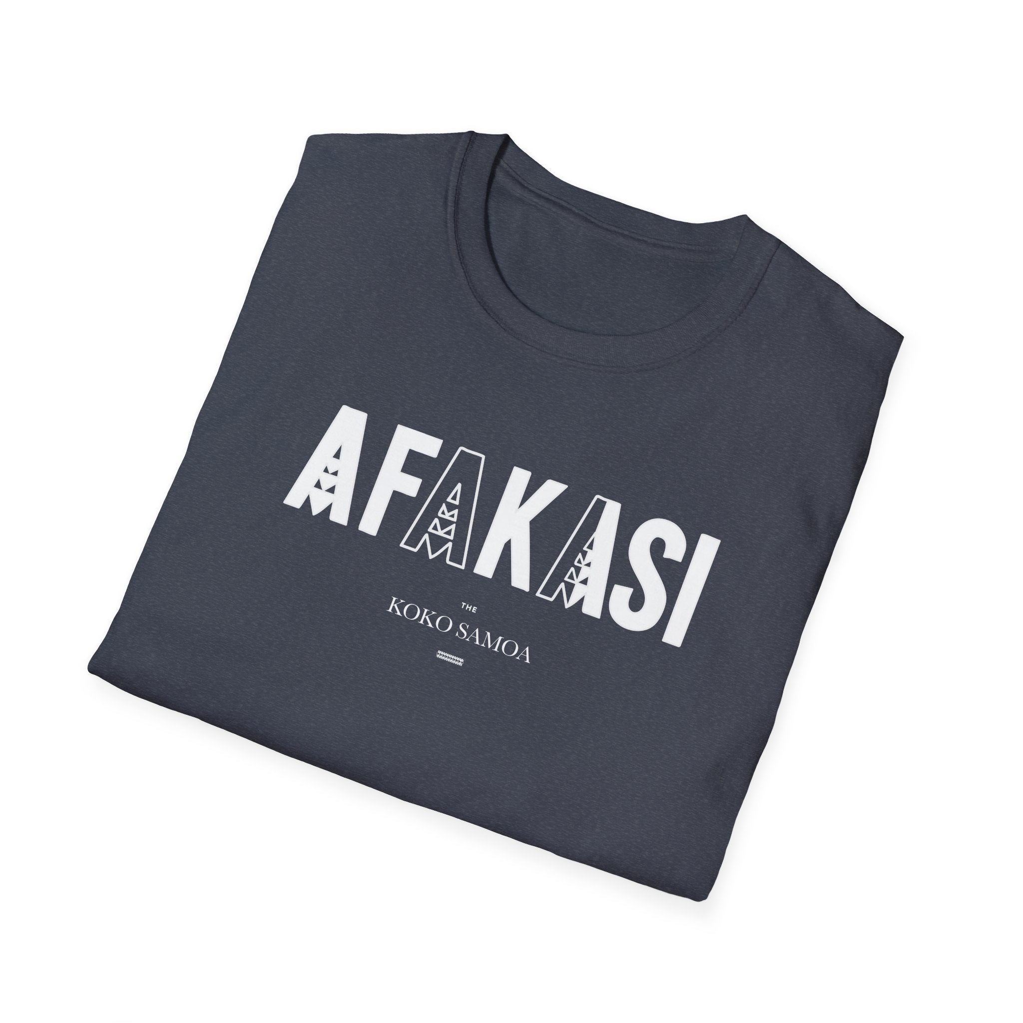 White unisex soft tee by Monster Digital featuring the Afakasi design, comfortable casual T-shirt for men and women.