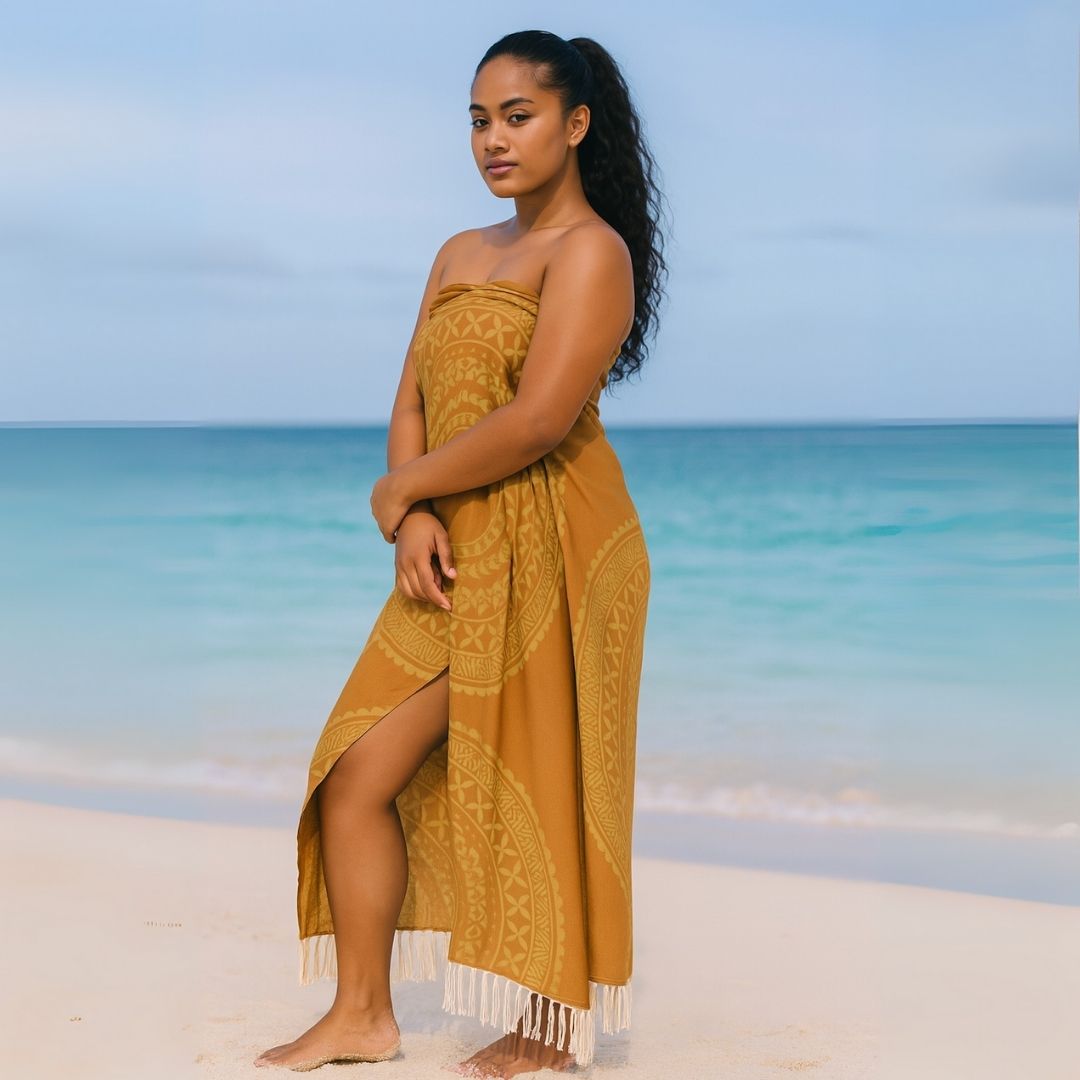 Multipurpose Golden Sun Lavalava by MWW on Demand, 38x81 inches polyester fabric, versatile traditional Hawaiian wrap.