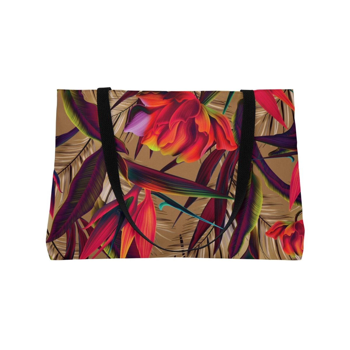 Tote weekender bag in Paradise design, 24x13 inches, featuring sturdy handles and vibrant tropical print.