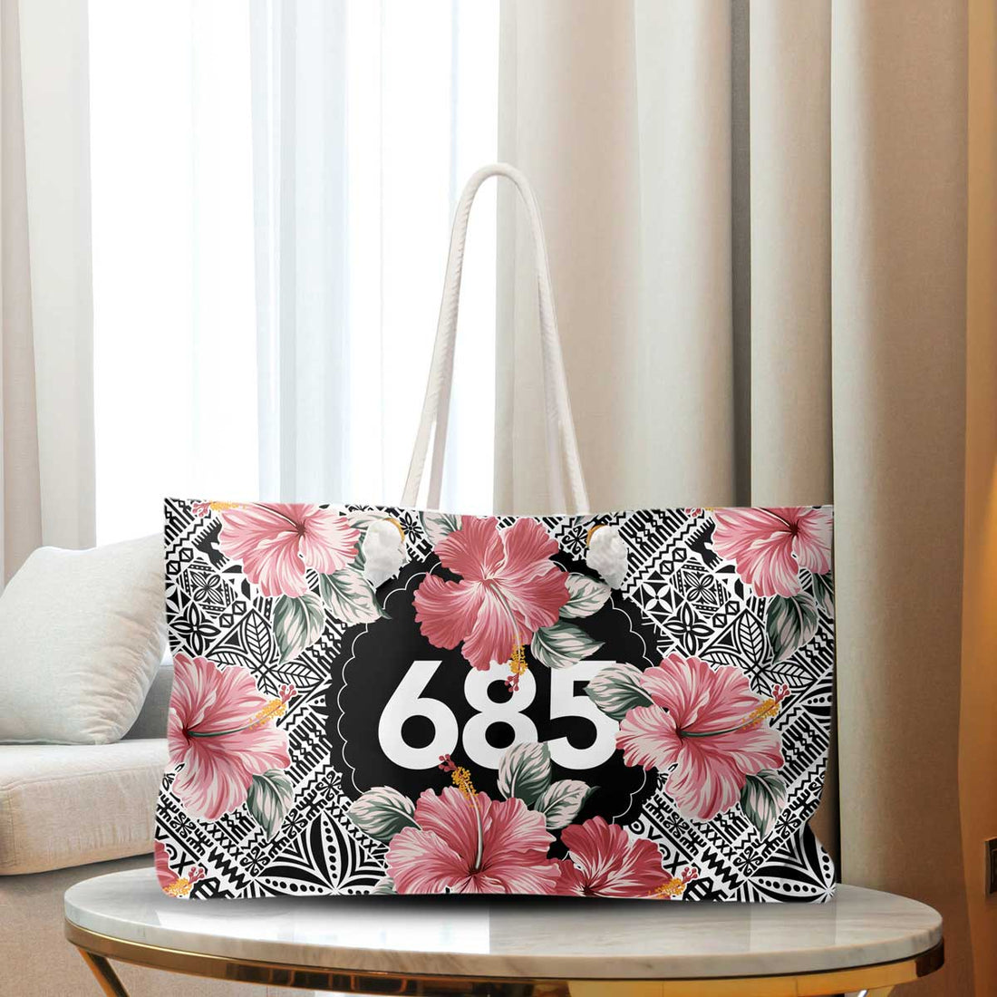 Weekender Bag 685 Aute in neutral fabric with leather handles, 24x13 inches, ideal for travel.