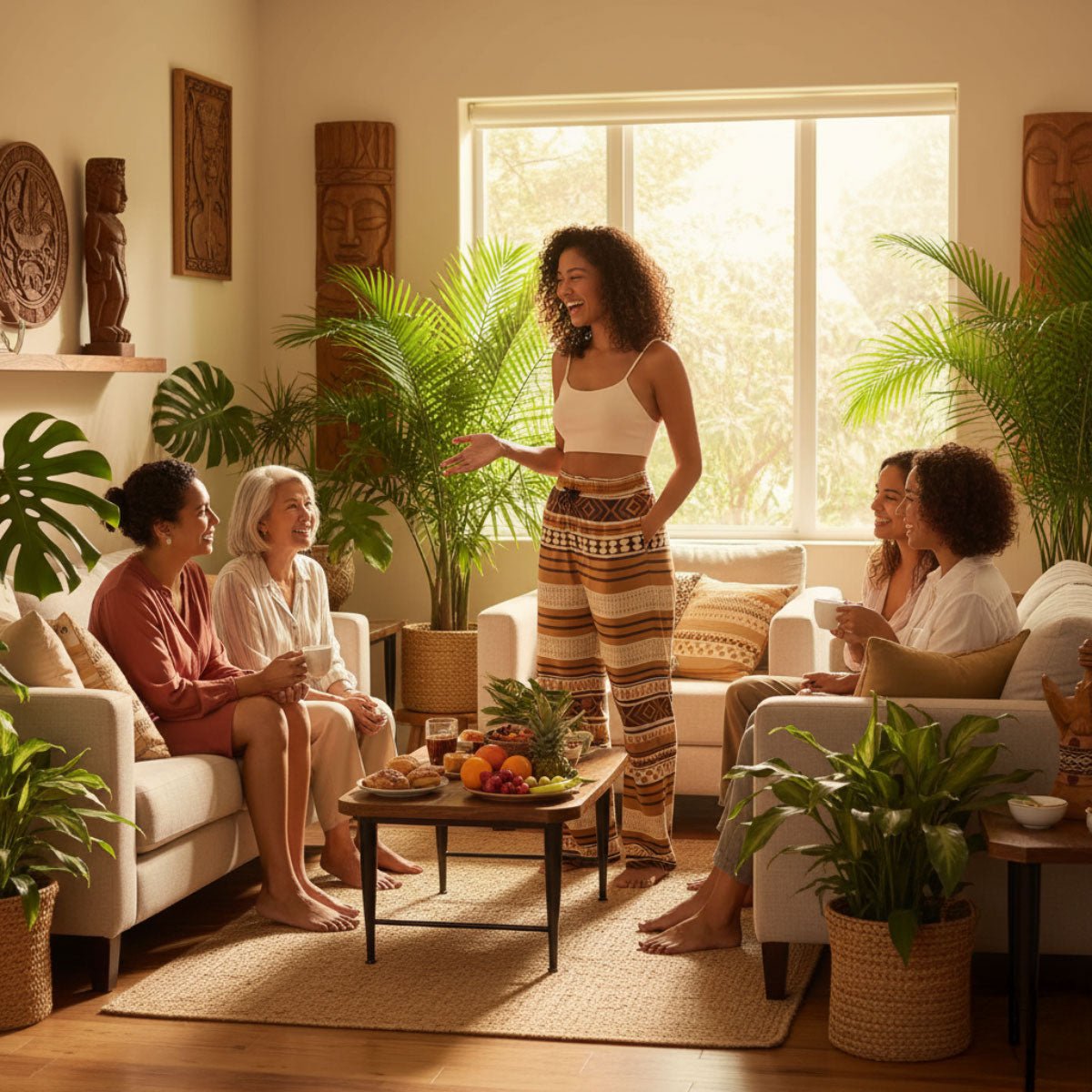 Women's Siapo pajama pants by MWW on Demand, featuring lightweight, comfortable fabric with a colorful, tropical print.