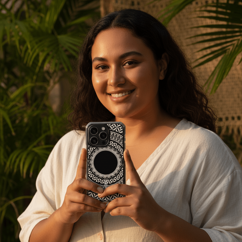 PasifikaOne MagSafe clear phone case with Tongan design, showcasing a transparent case with cultural patterns for iPhone.