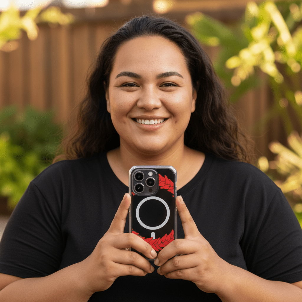 WOYC PasifikaOne MagSafe clear phone case with Ula Fala design, showcasing a slim, protective case for iPhone with vibrant Polynesian artwork.