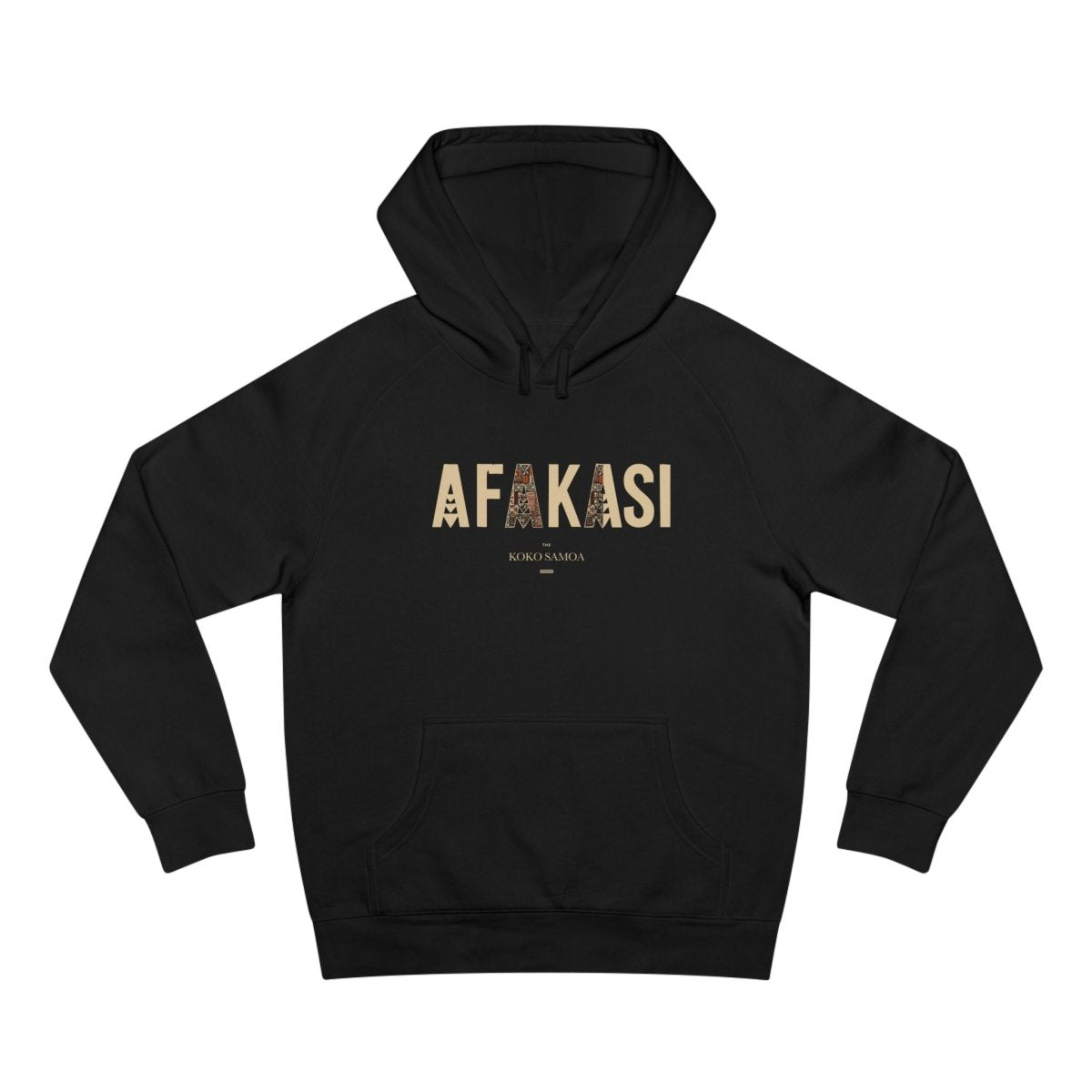 Black IslandSoft™ Premium hoodie by Printify, XS-XL, Afakasi design, made in the USA, displayed on a hanger.