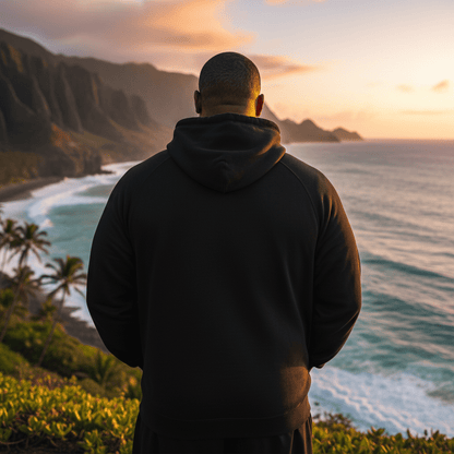 Black IslandSoft™ premium hoodie in XS-XL by Ula Fala, featuring soft fabric and comfortable fit, displayed on a plain background.