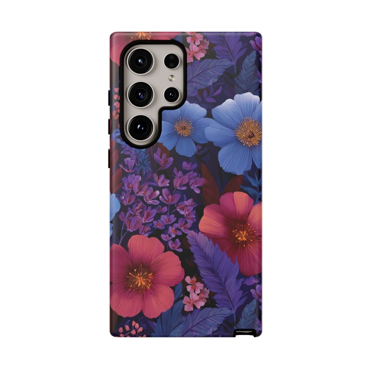 Samsung Tough Phone Case in Lavender Tropics design by Printify, featuring vibrant tropical patterns on a durable phone case.