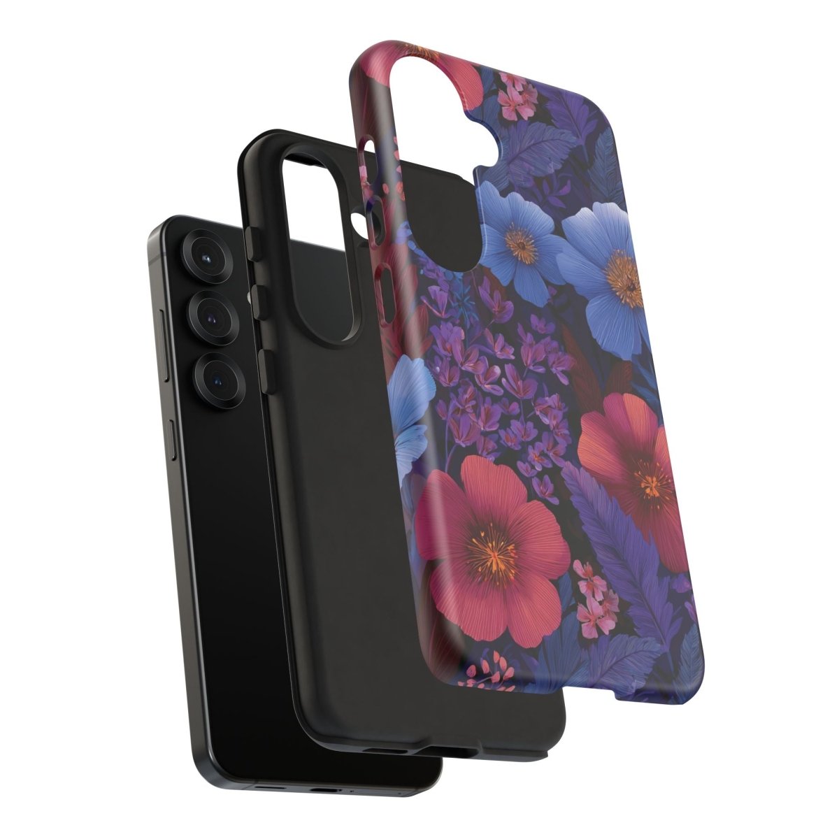 Samsung Tough Phone Case in Lavender Tropics print, designed by Printify, protects Samsung smartphones with vibrant tropical design.