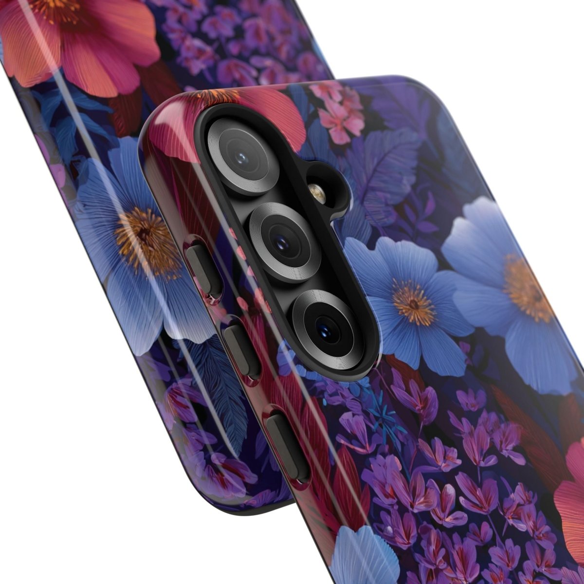 Samsung Tough Phone Case in Lavender Tropics design by Printify, featuring a vibrant tropical pattern for Galaxy phones.