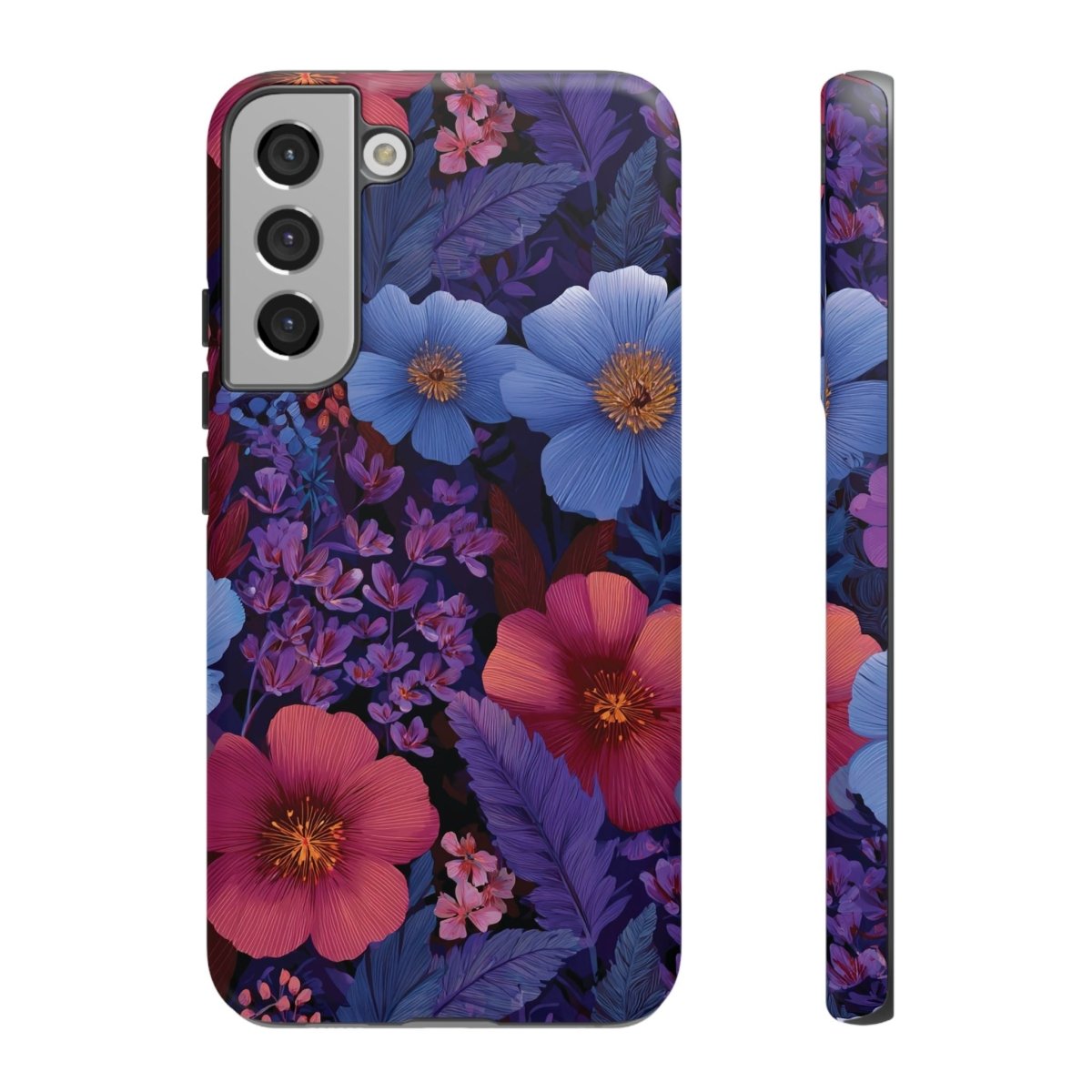 Samsung Tough Phone Case in Lavender Tropics design by Printify, featuring vibrant tropical floral patterns on a durable phone case.