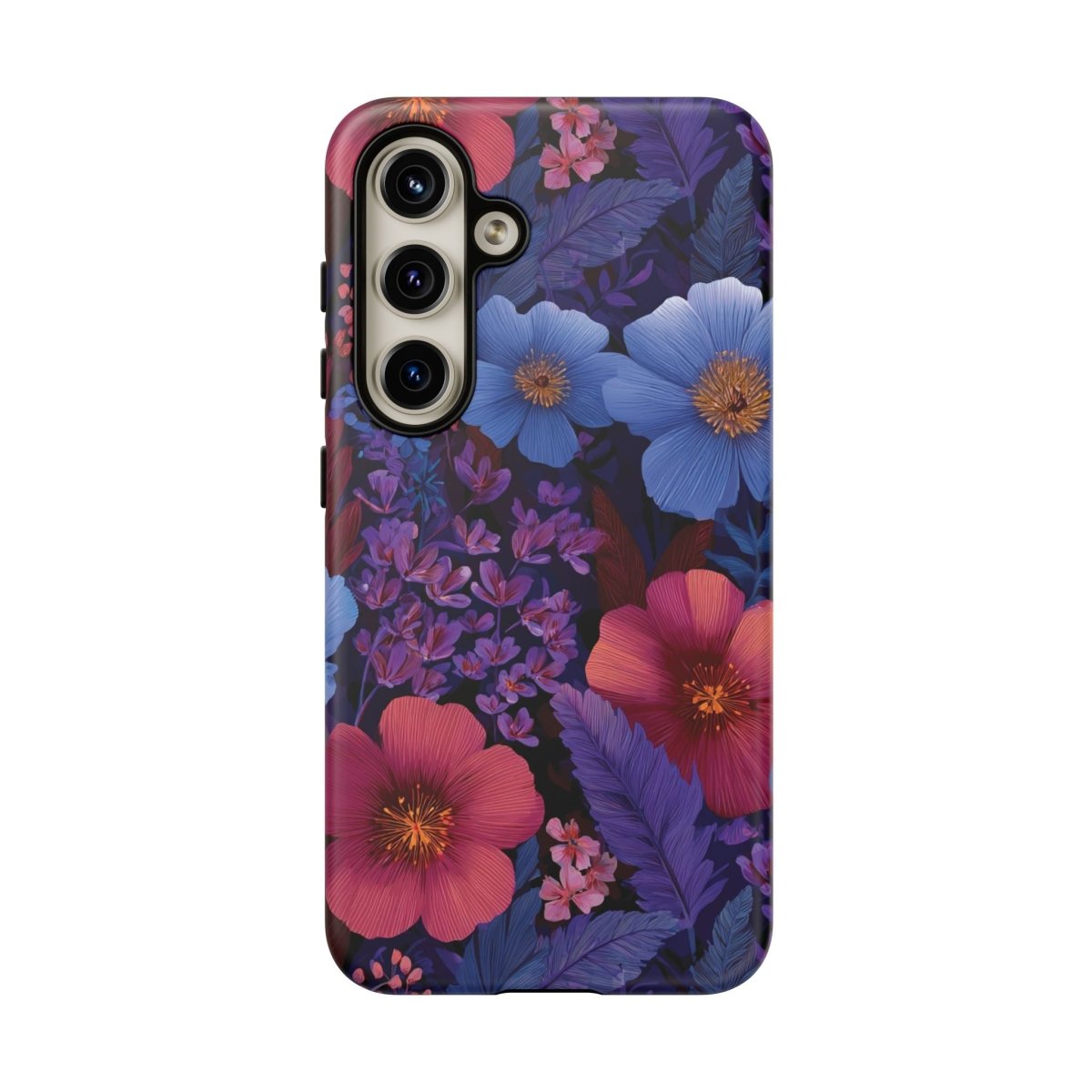 Samsung Tough Phone Case with Lavender Tropics design by Printify, featuring vibrant purple and tropical floral patterns.