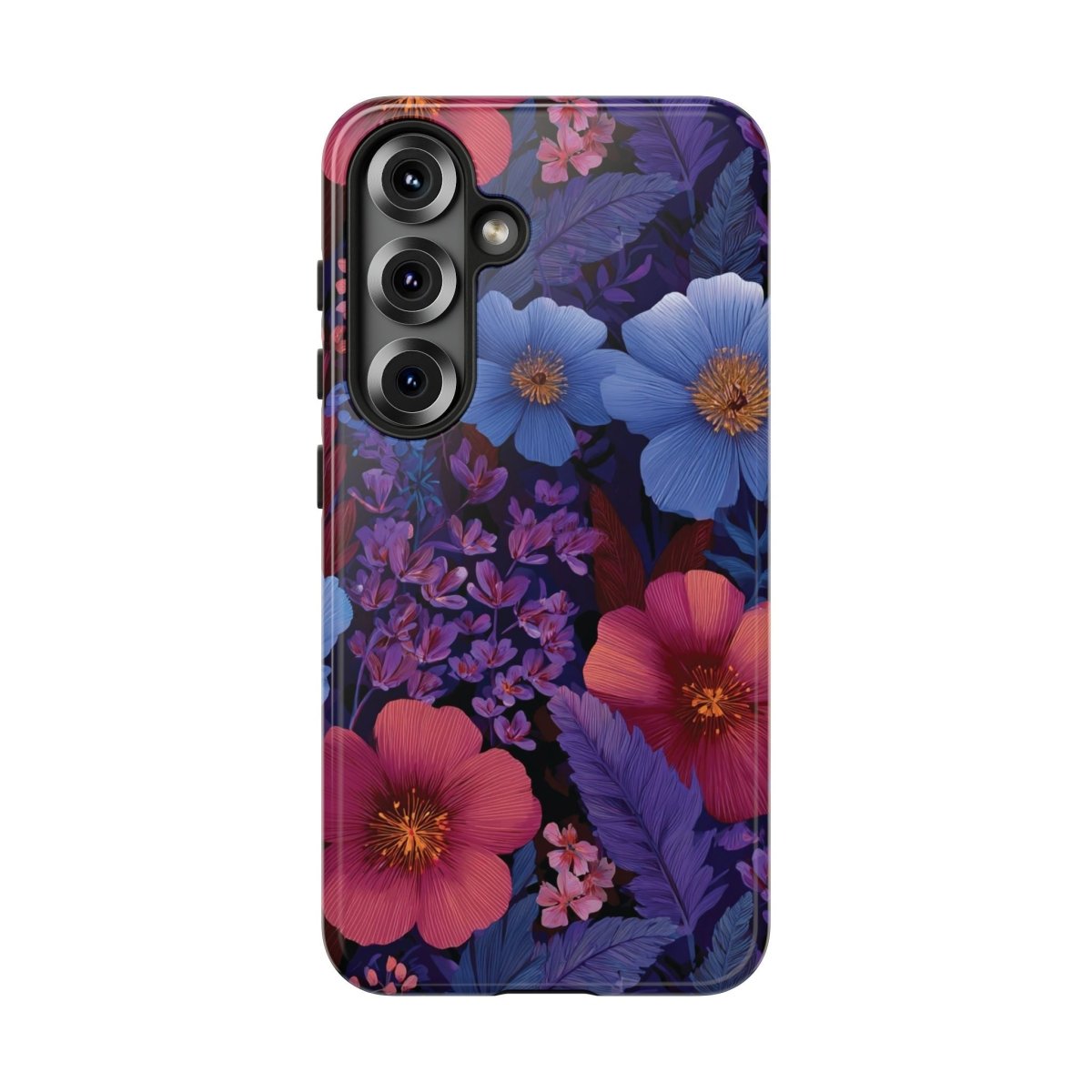 Samsung Tough Phone Case in Lavender Tropics design by Printify, featuring vibrant tropical patterns for Galaxy phones.