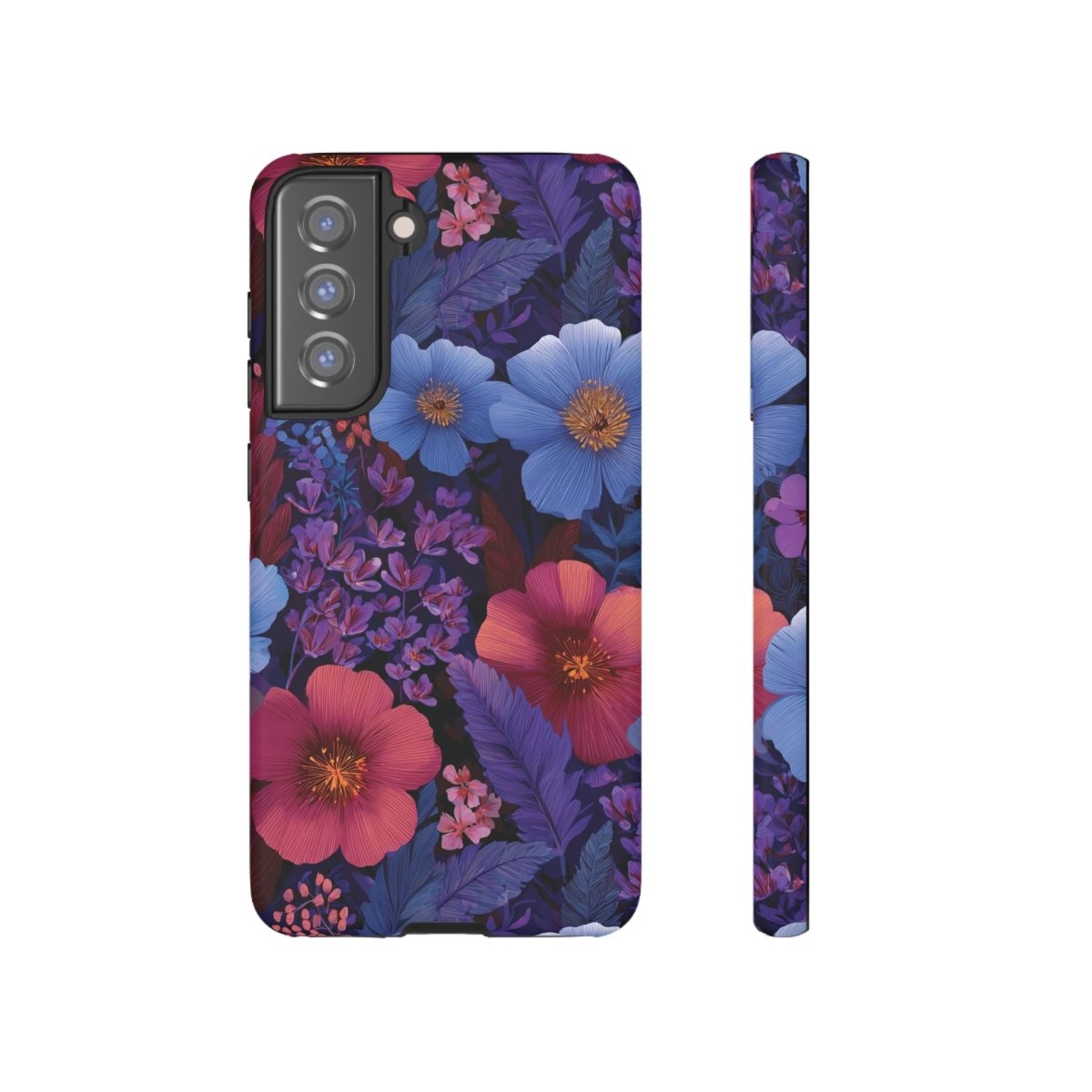 Samsung Tough Phone Case in Lavender Tropics design by Printify, featuring tropical floral patterns on a durable protective case.