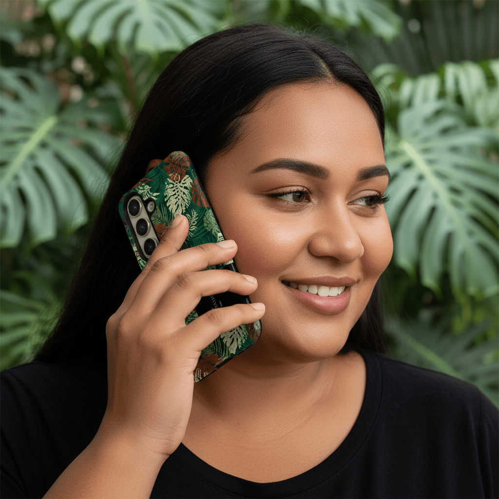 Samsung Tough Phone Case by WOYC in Tafatafa Greens, designed for durable protection, featuring vibrant green tropical pattern.