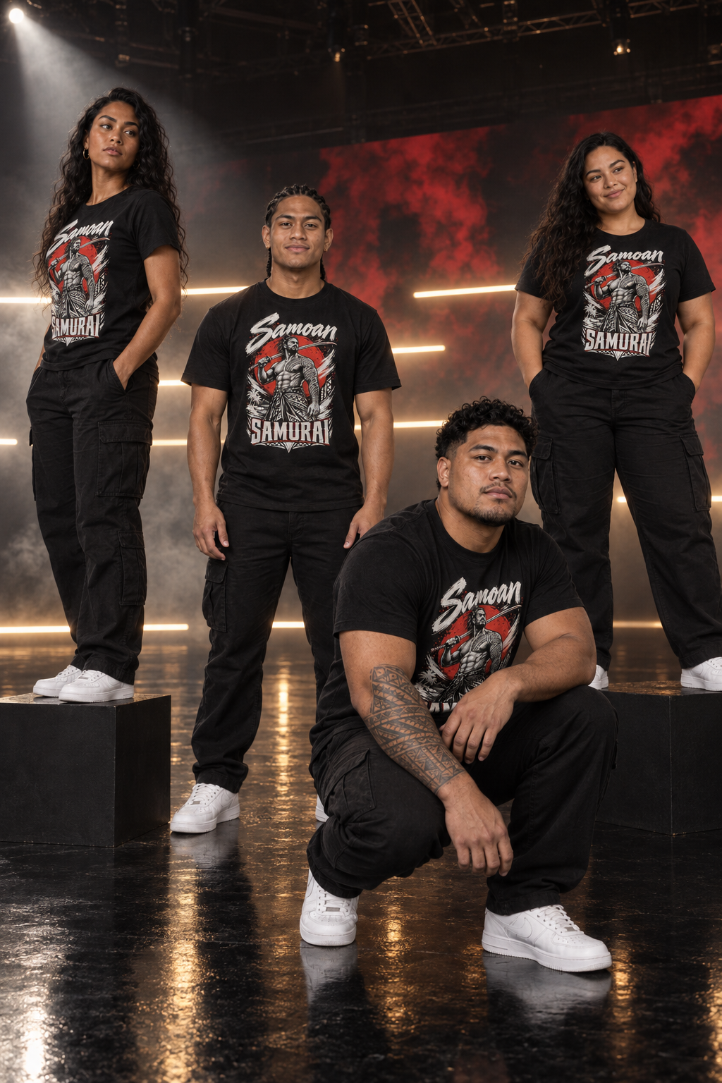 Four friends in the Samoan Samurai tee on a dark soundstage, ink bleeding into red on the screen behind them