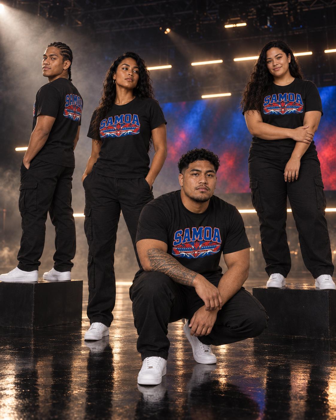 Four friends in the Samoa Varsity tee on a dark soundstage, blue and red stage light behind them