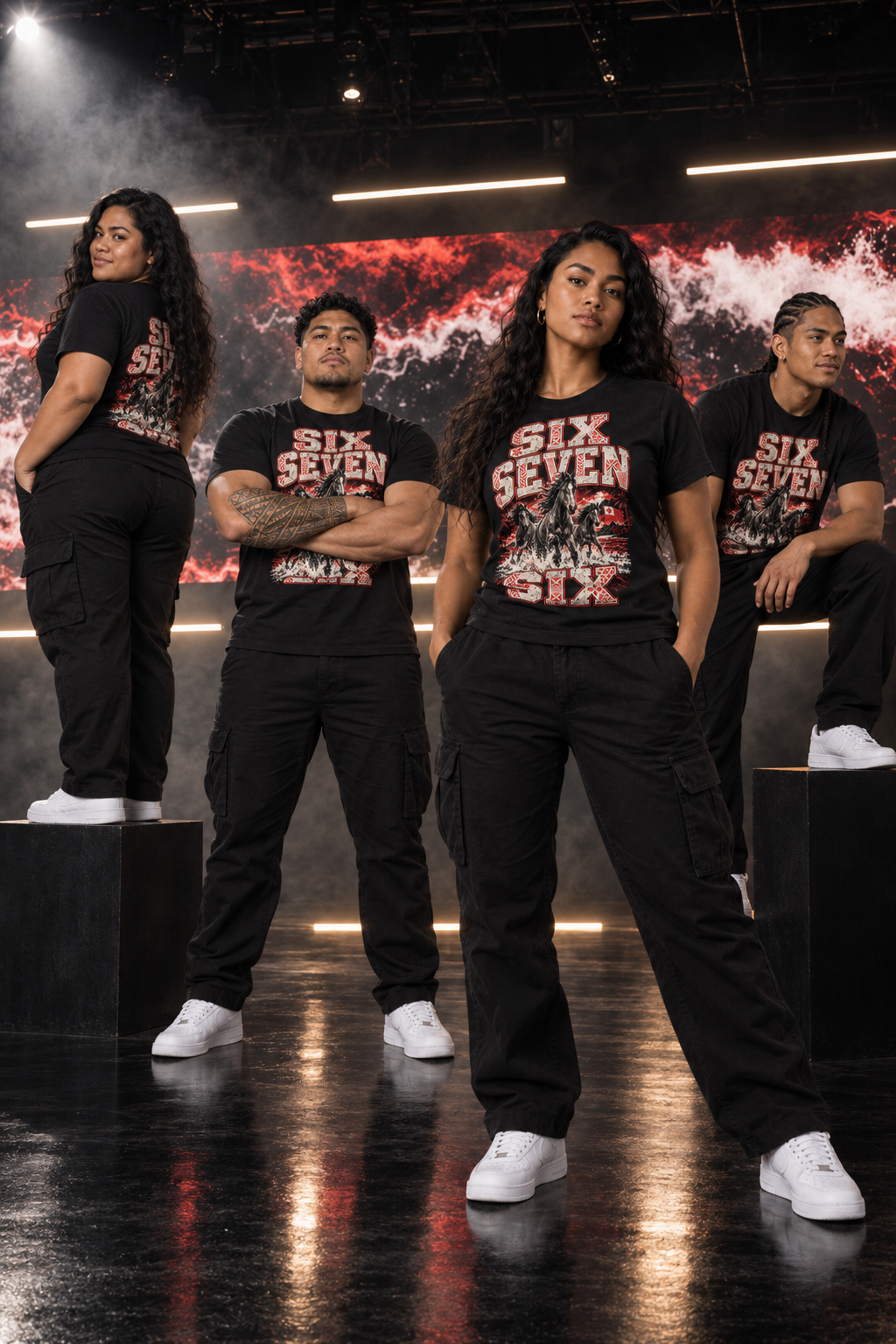 Four friends in the 676 Tonga tee on a dark soundstage, deep water and white spray on the screen behind them