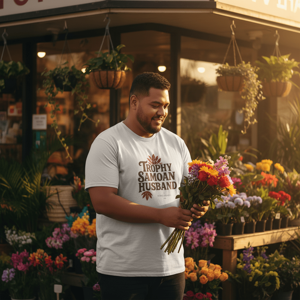 Unisex soft men's tee featuring a trophy design for a proud Samoan husband, in a natural relaxed fit from The Print Bar