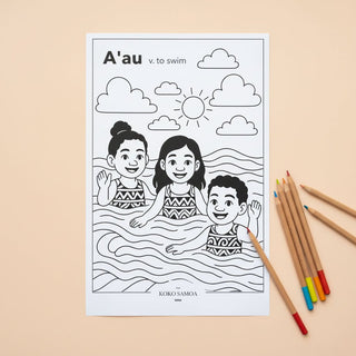 Downloadable Learn and Colour Sheet from THE KOKO SAMOA featuring A'au design for AU, NZ, and USA regions.