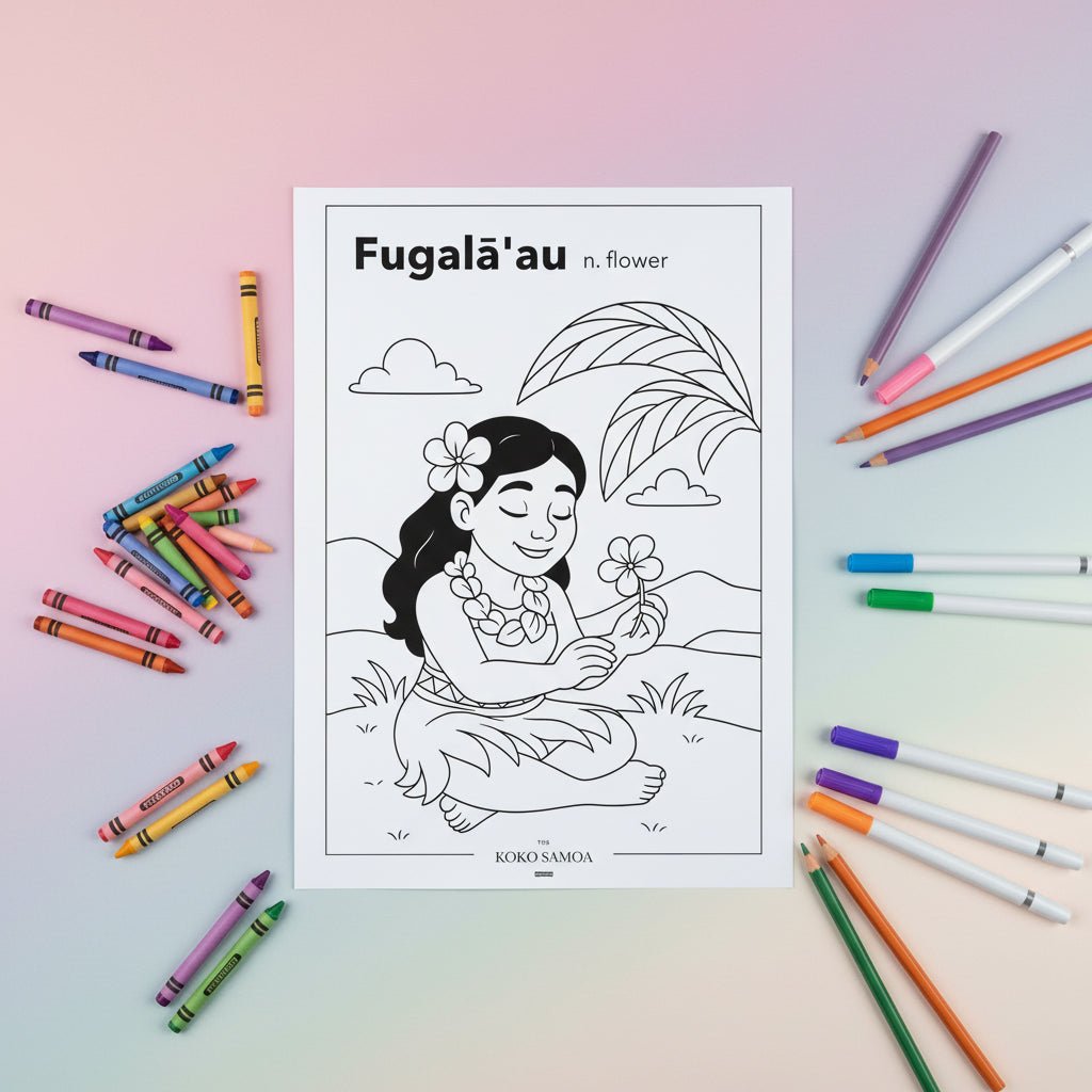 Downloadable Learn and Colour Sheet from THE KOKO SAMOA featuring Fugalā'au design, suitable for AU, NZ, and USA audiences.
