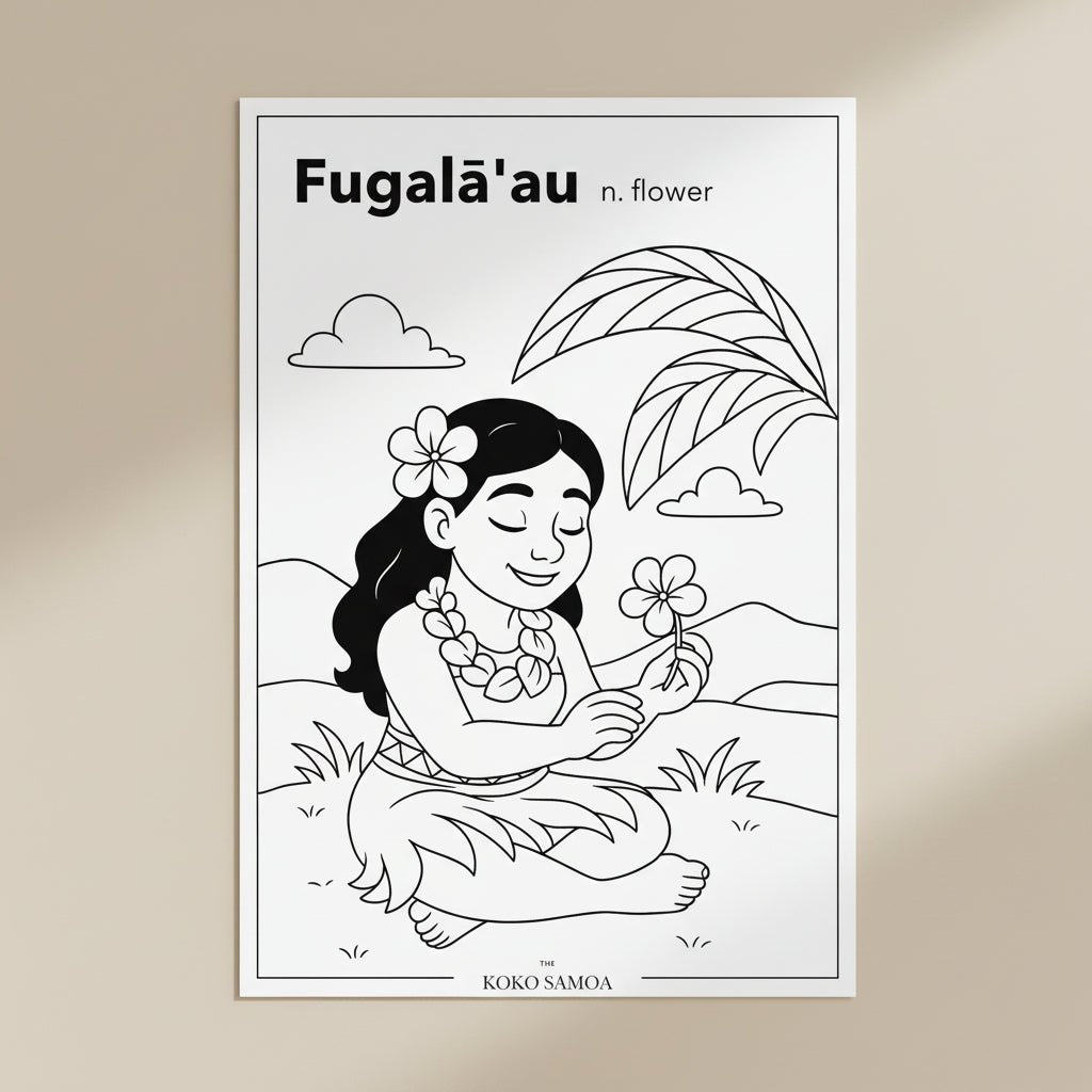 Downloadable Learn and Colour Sheet by THE KOKO SAMOA featuring Fugalā'au design for AU, NZ, and USA audiences.