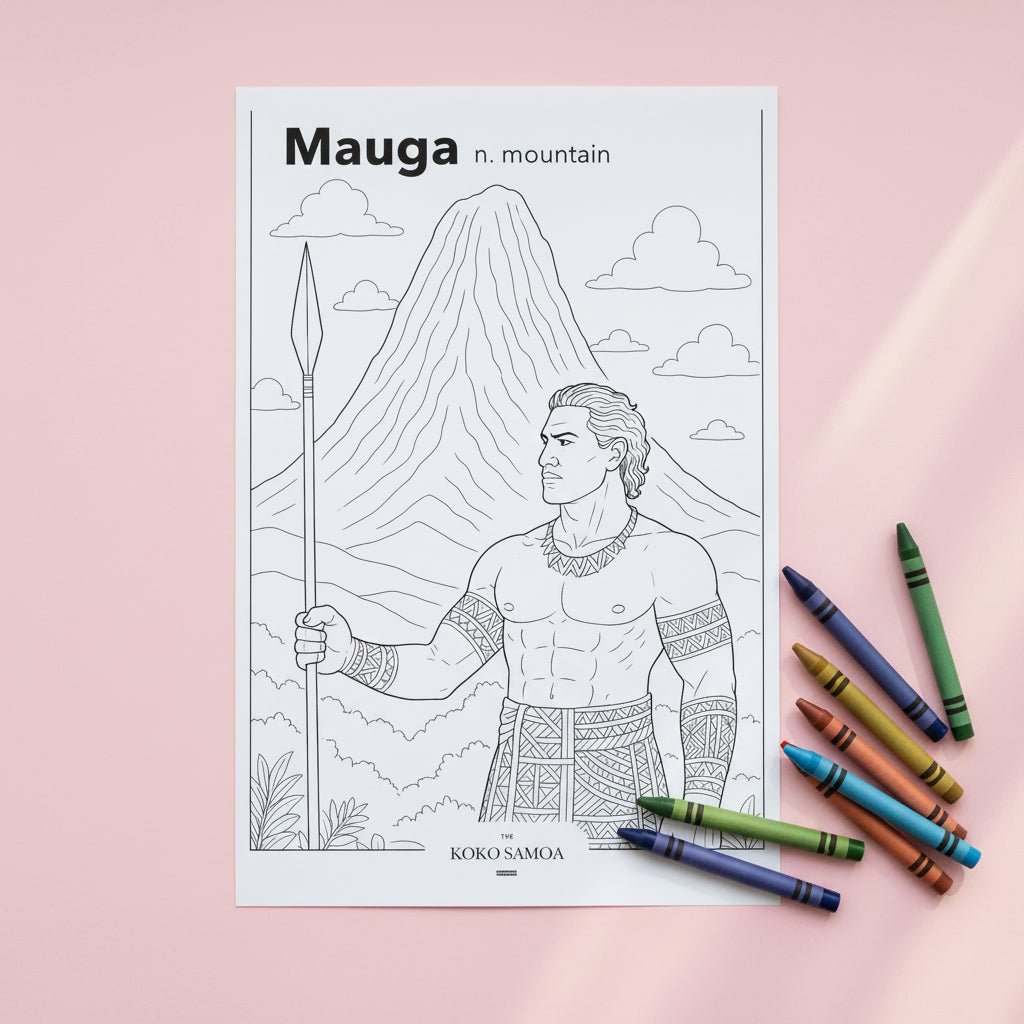 Downloadable Learn and Colour Sheet by THE KOKO SAMOA featuring Mauga design, ideal for kids in AU, NZ, and USA.
