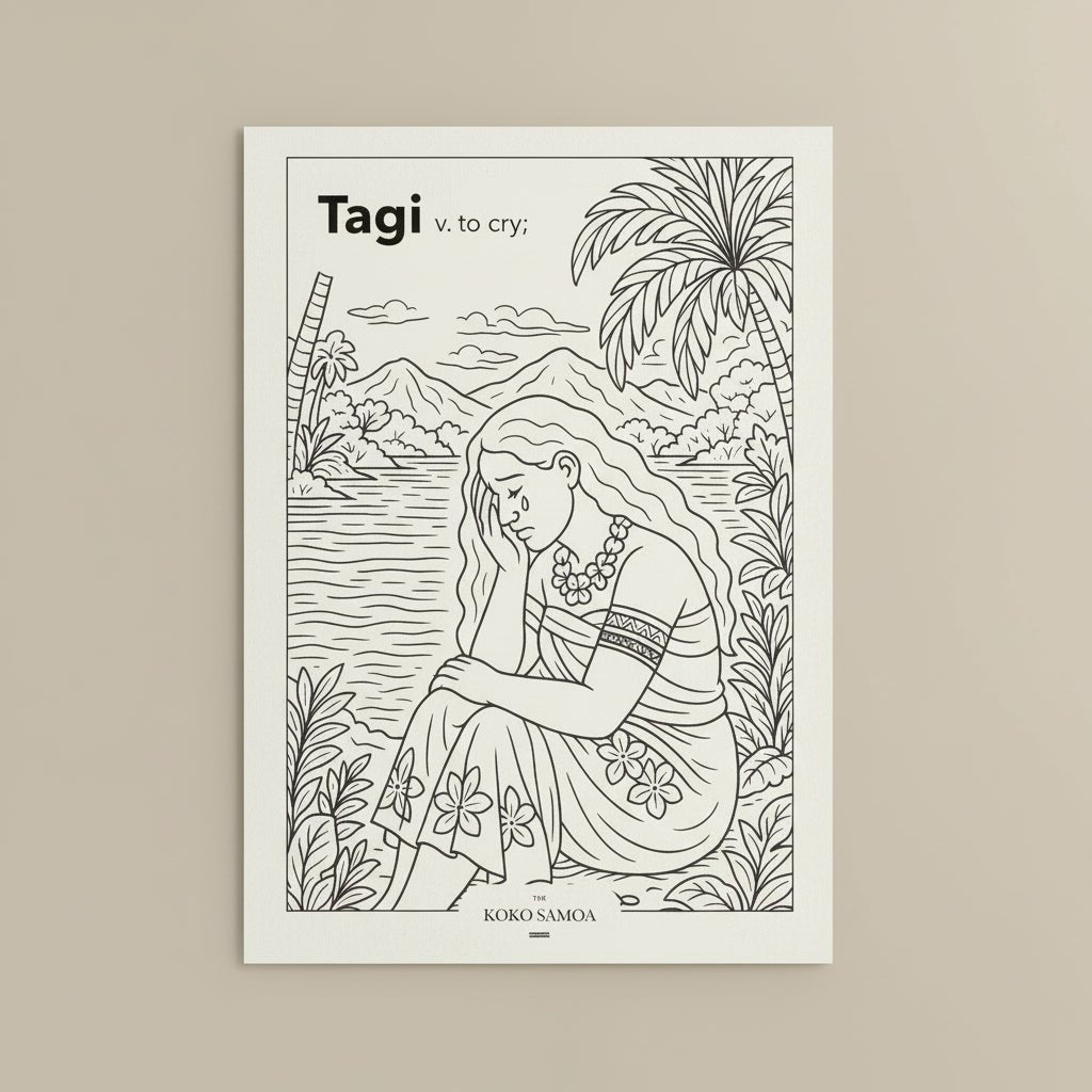 Downloadable Learn and Colour Sheet featuring Tagi by THE KOKO SAMOA, suitable for AU, NZ, and USA audiences.