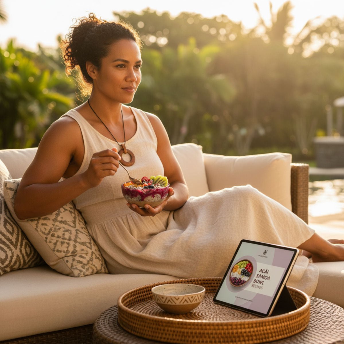 E-Book cover for The Koko Samoa featuring acai Samoa bowl recipes, with colorful bowls and fresh fruit on a wooden table.