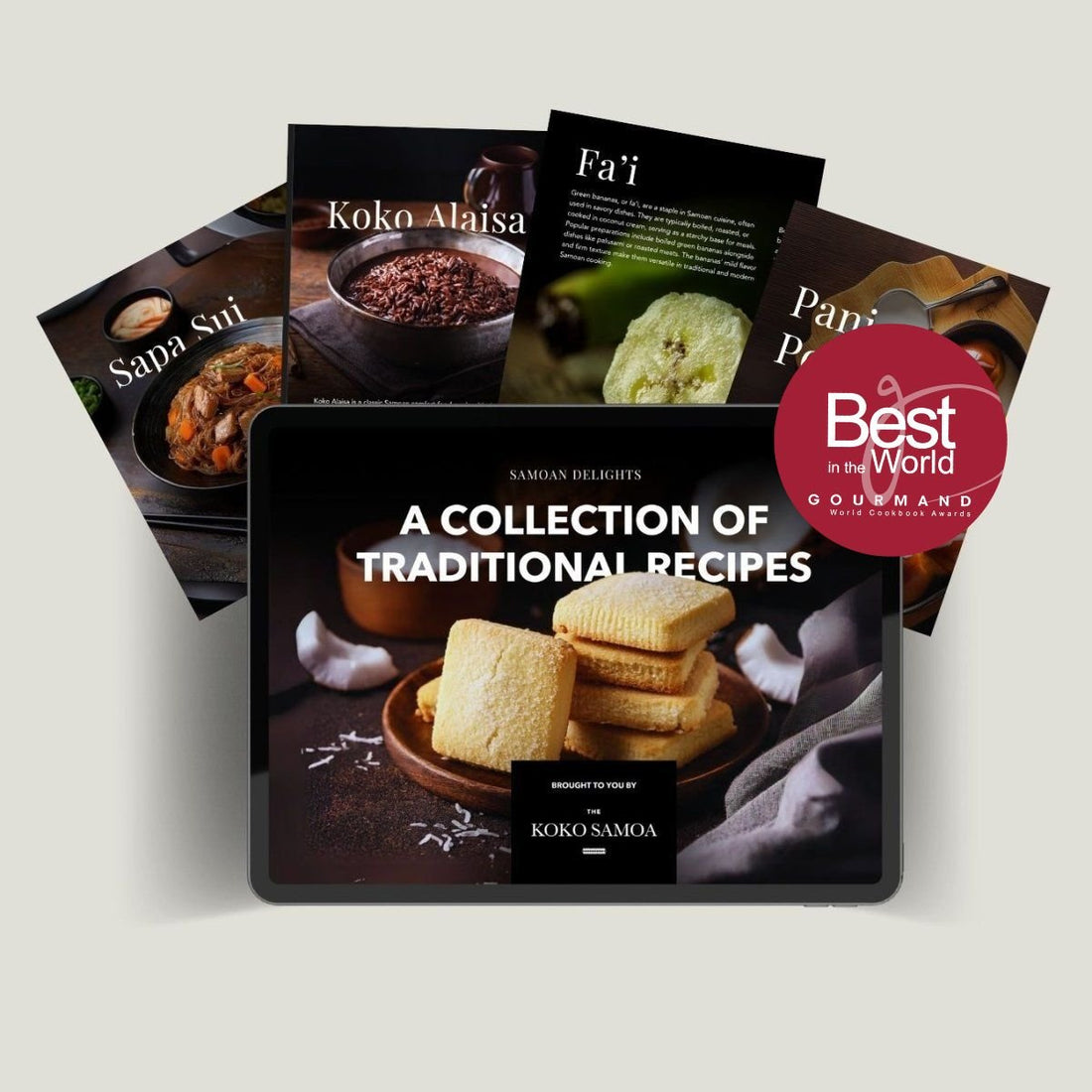 E-Book cover titled "Samoan Delights" by The Koko Samoa, featuring traditional Samoan recipes and vibrant cultural design.