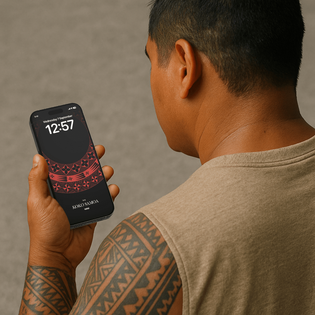 Tongan red phone wallpaper by The Koko Samoa, featuring vibrant Tongan cultural design for mobile devices.