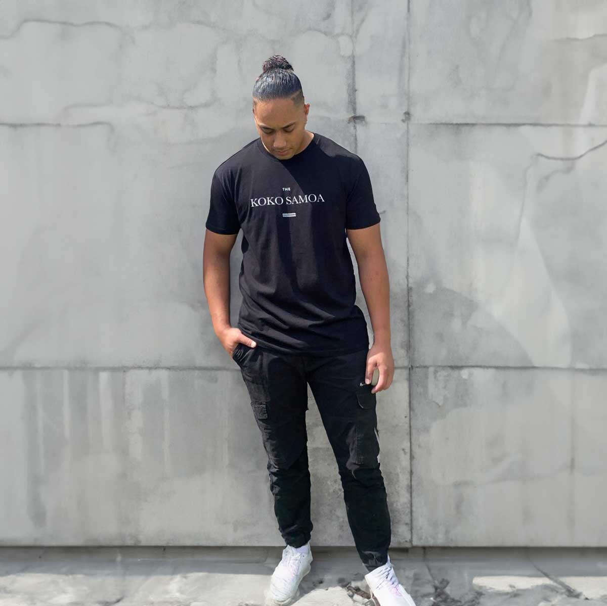 Black heavy unisex tee with the The Brand Classic print, The Koko Samoa
