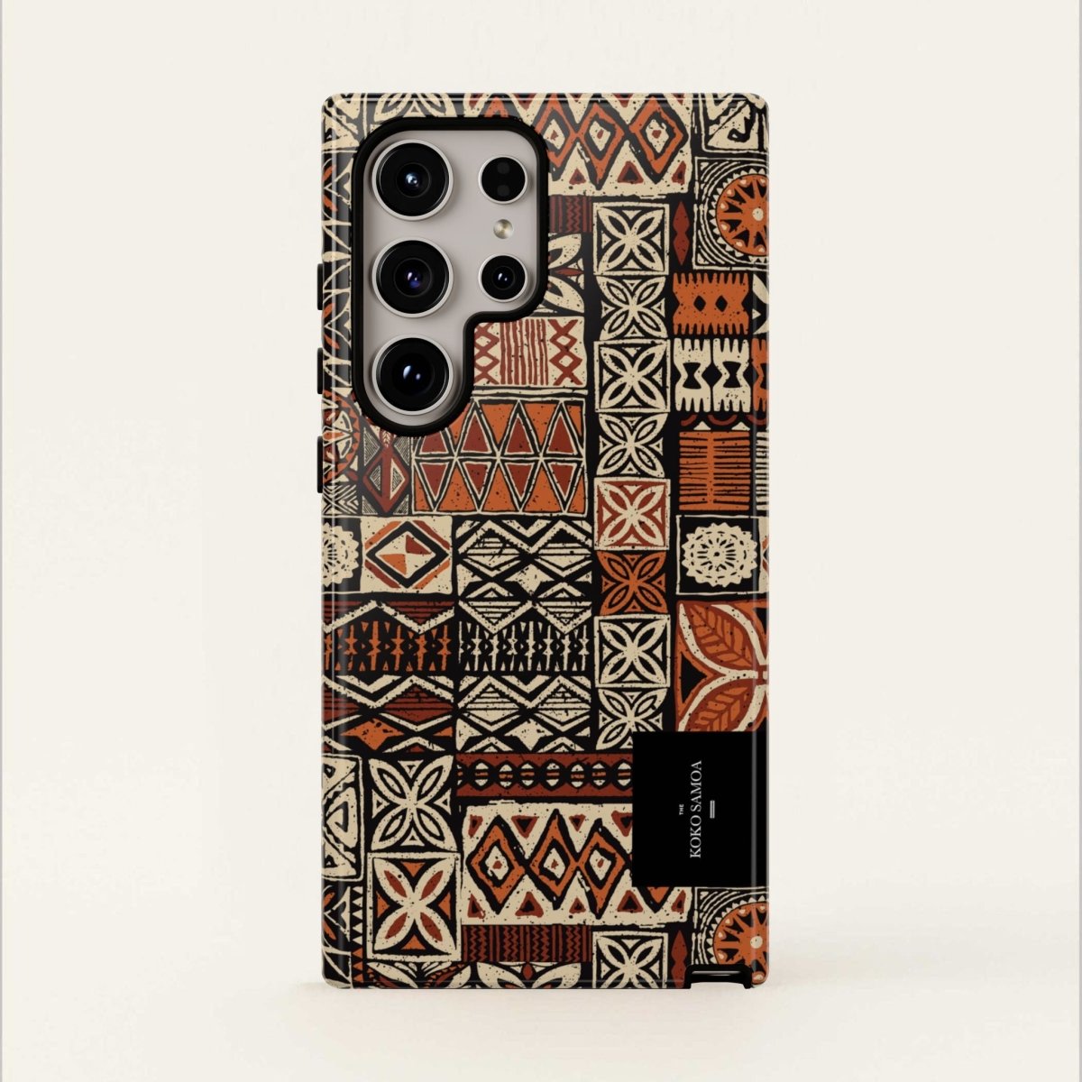 WOYC Tough Phone Case Elei design for AU/NZ/USA, durable protective case with vibrant Koko Samoa pattern on a smartphone.