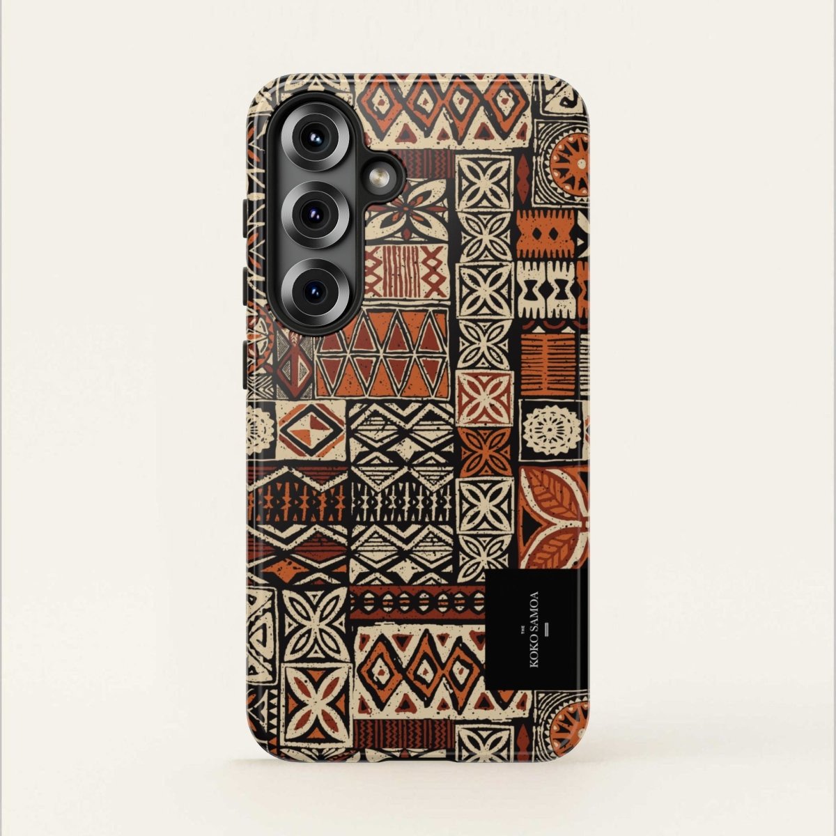 WOYC tough phone case named Elei with Polynesian design, suited for AU, NZ, and USA models, featuring vibrant Koko Samoa patterns.