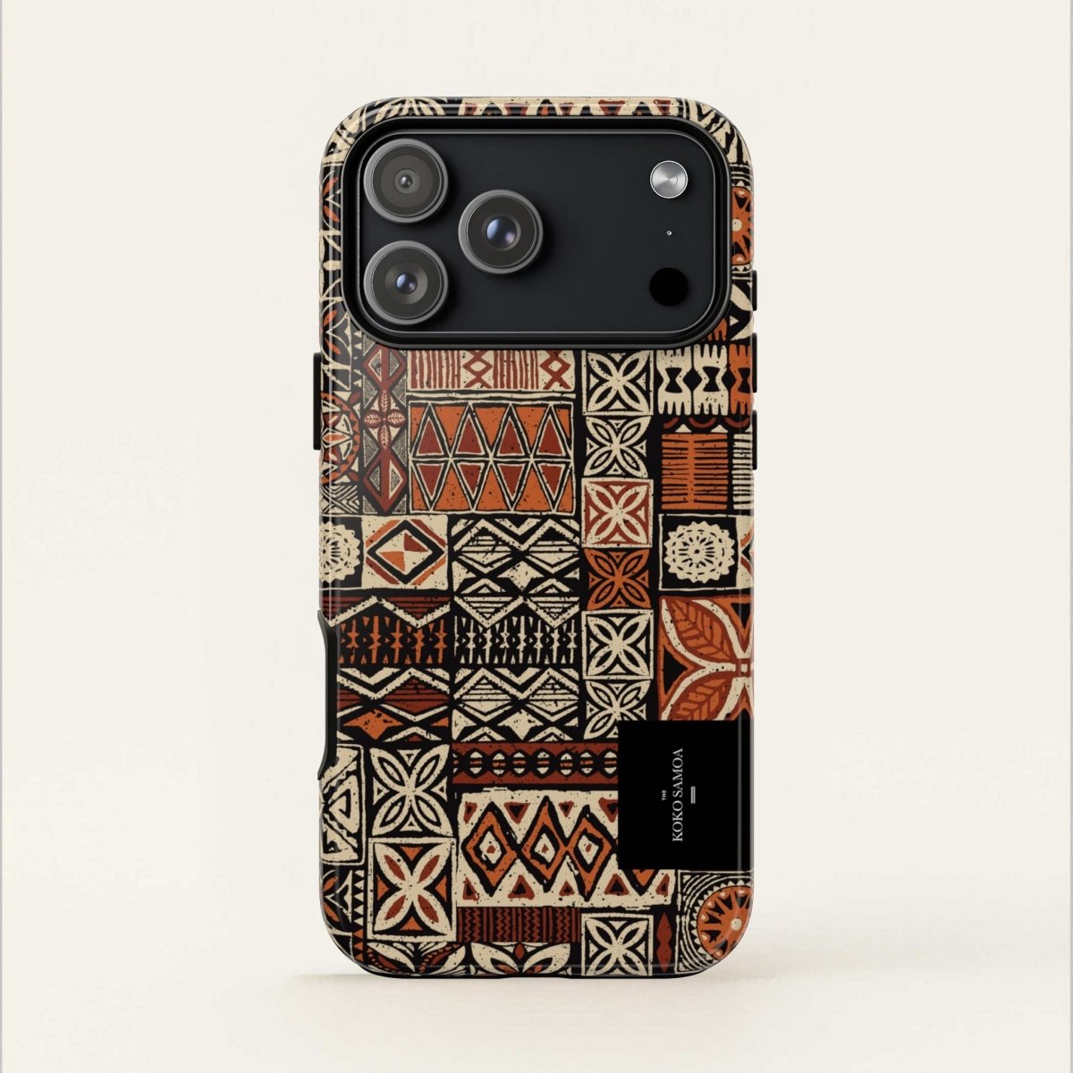 Durable Elei tough phone case for AU/NZ/USA with traditional Samoan Koko Samoa design, provides strong protection.