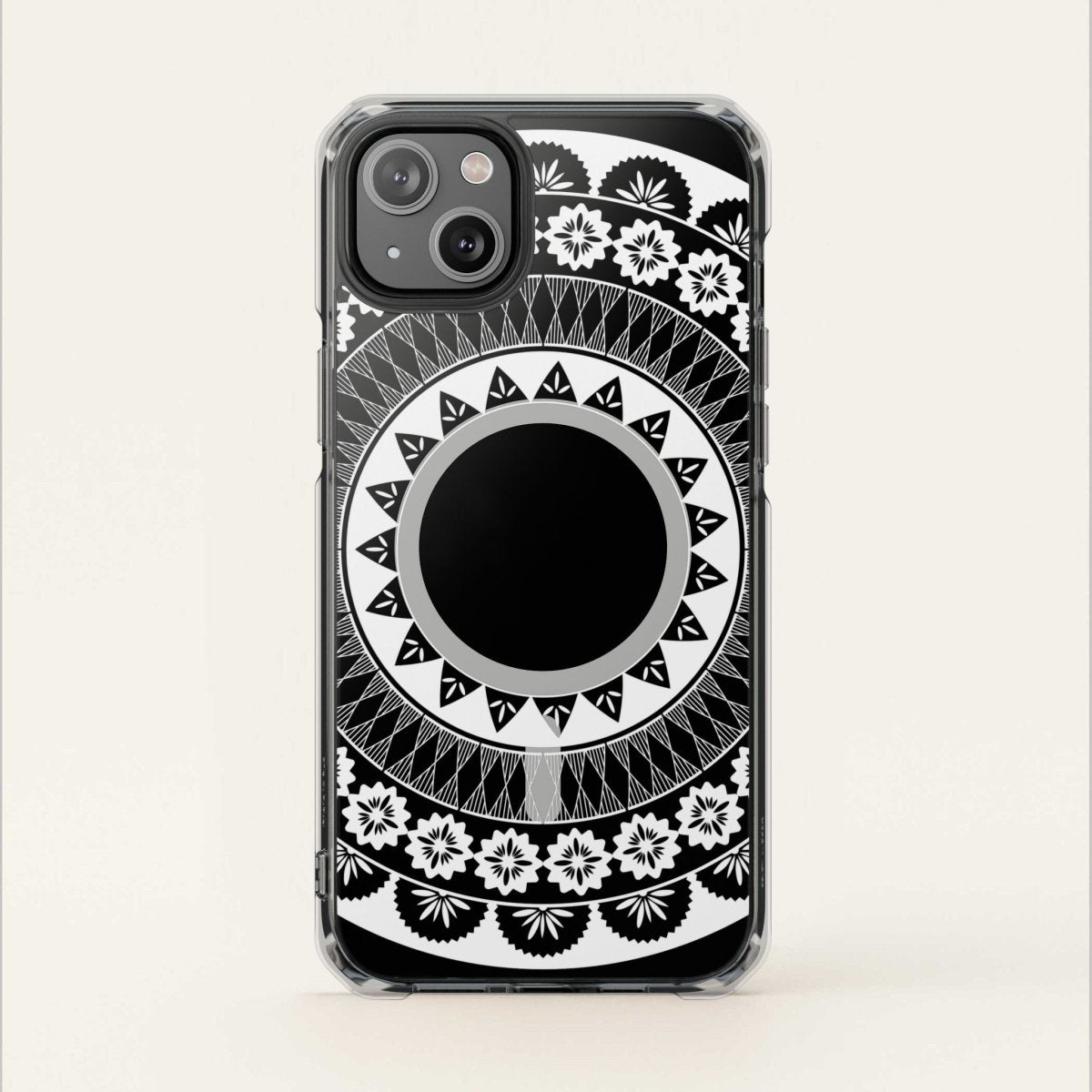 MagSafe clear case for iPhone 16 featuring Fiji design, transparent cover showcasing phone and tropical pattern.