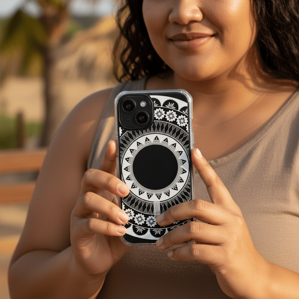 MagSafe clear case for iPhone featuring Fiji design, transparent with Pacific island artwork.
