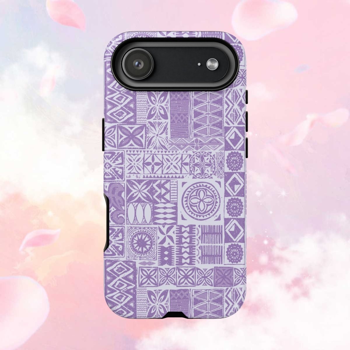 Lavender Elei tough phone case for iPhone 17, glossy protective cover with vibrant floral design.