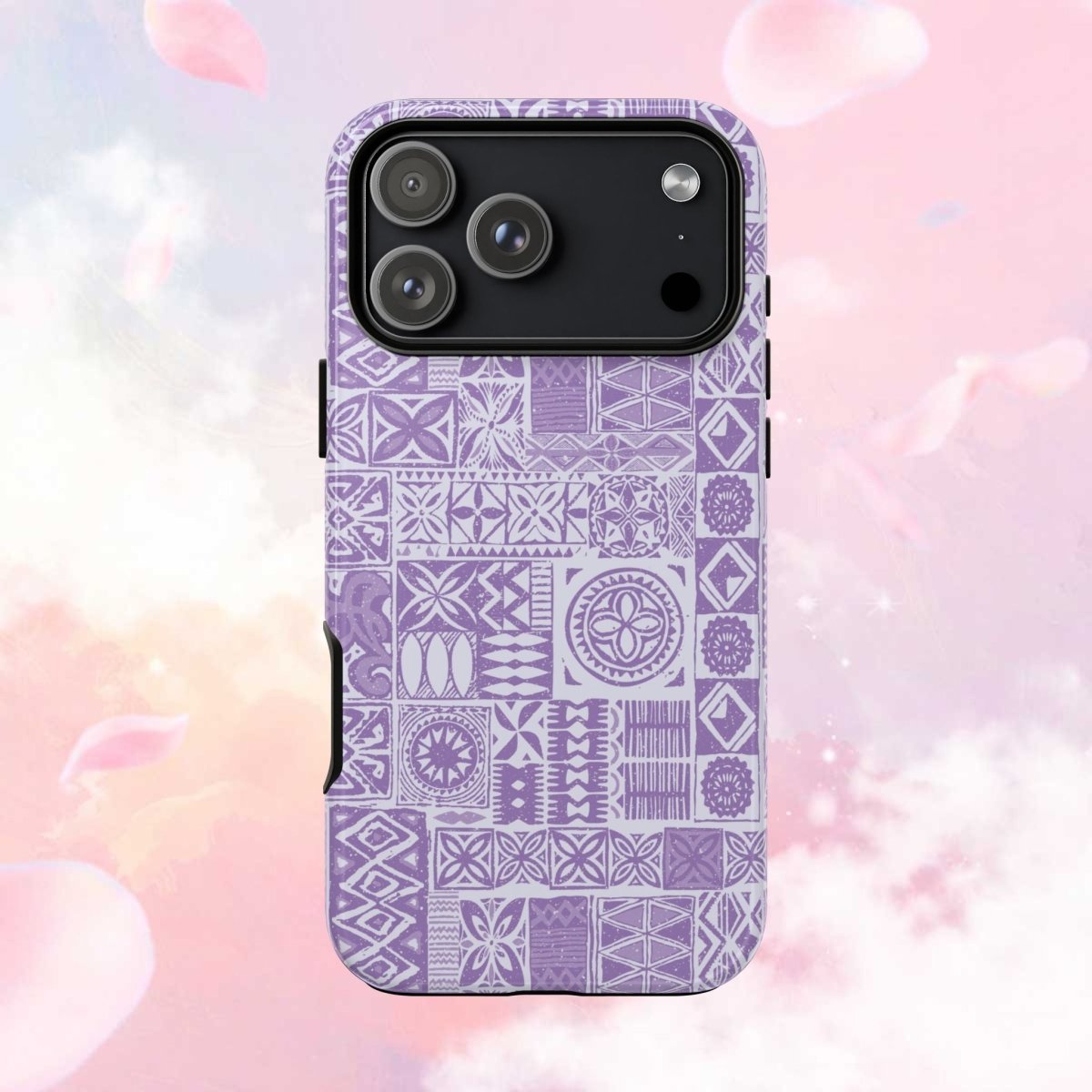 Lavender Elei tough phone case for iPhone 17, glossy protective cover with vibrant lavender design.