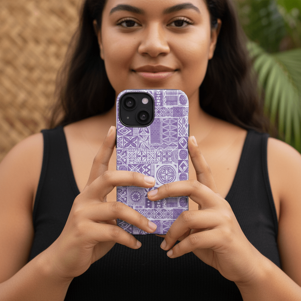 Lavender Elei tough phone case, designed for durable protection, featuring a vibrant floral pattern on a smartphone.