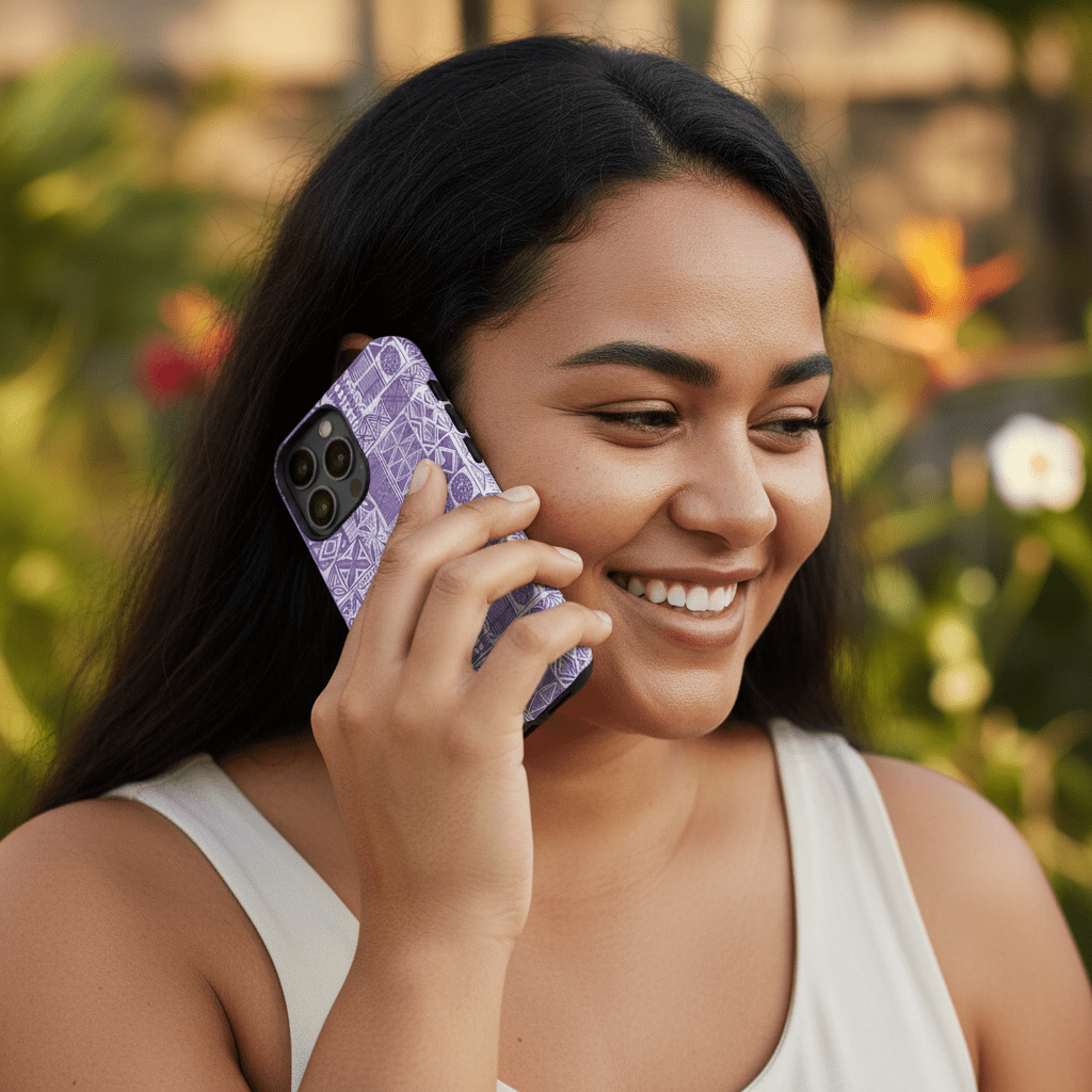 Lavender Elei tough phone case for iPhone, durable protective cover with Polynesian-inspired pattern.