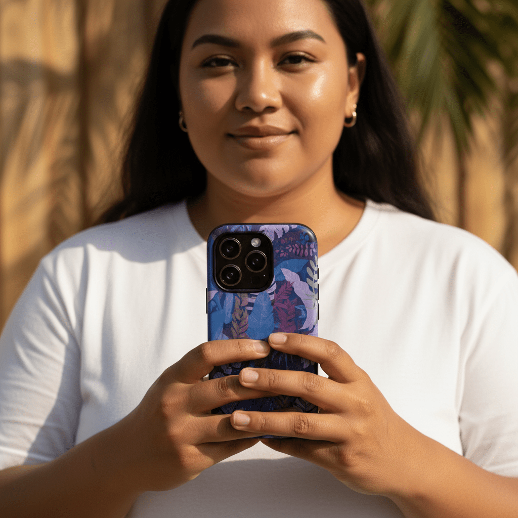 Tough lavender phone case with palm leaf design, compatible with AU, NZ, and USA models,.