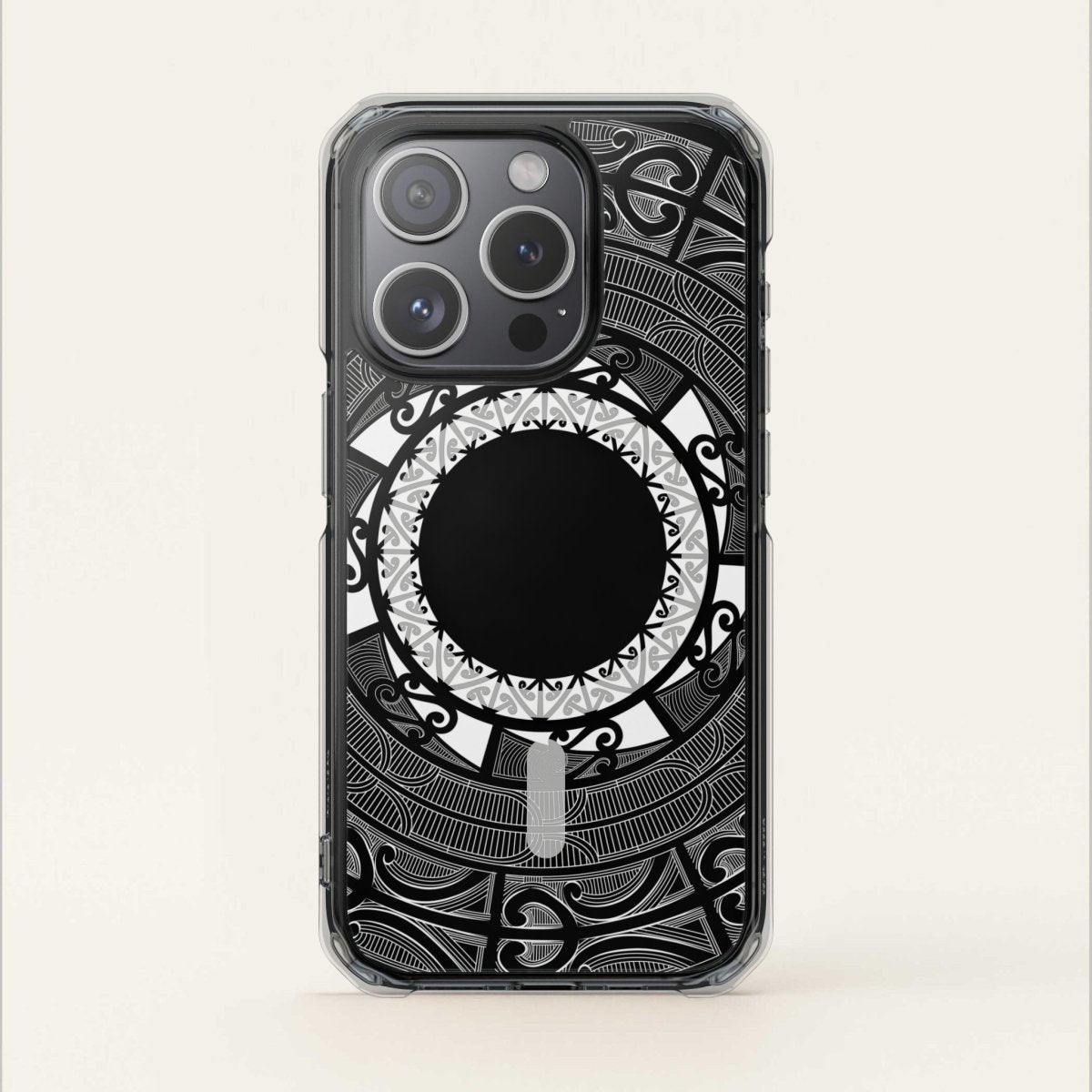 MagSafe clear case for iPhone 16 featuring Māori-inspired design, transparent protective cover with MagSafe compatibility.