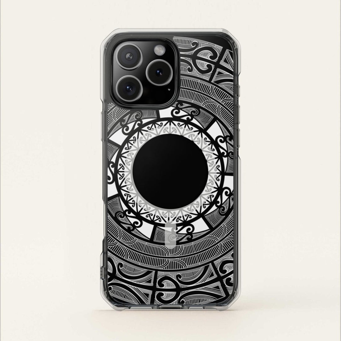 MagSafe clear case for iPhone 16 featuring Māori design, transparent protection, compatible with AU, NZ, and USA models.