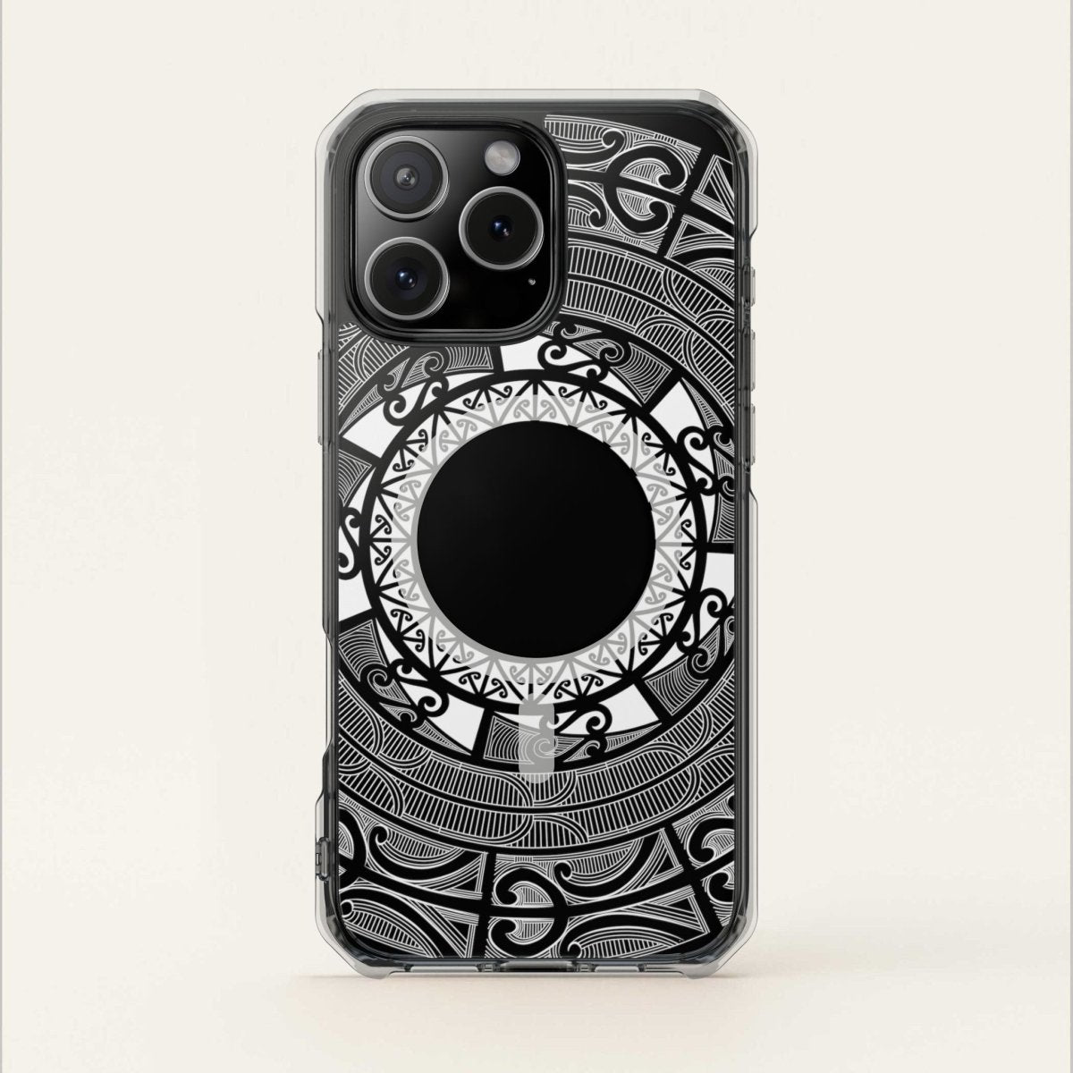 MagSafe clear case for iPhone 16 featuring Māori design, transparent protection, compatible with AU, NZ, and USA models.